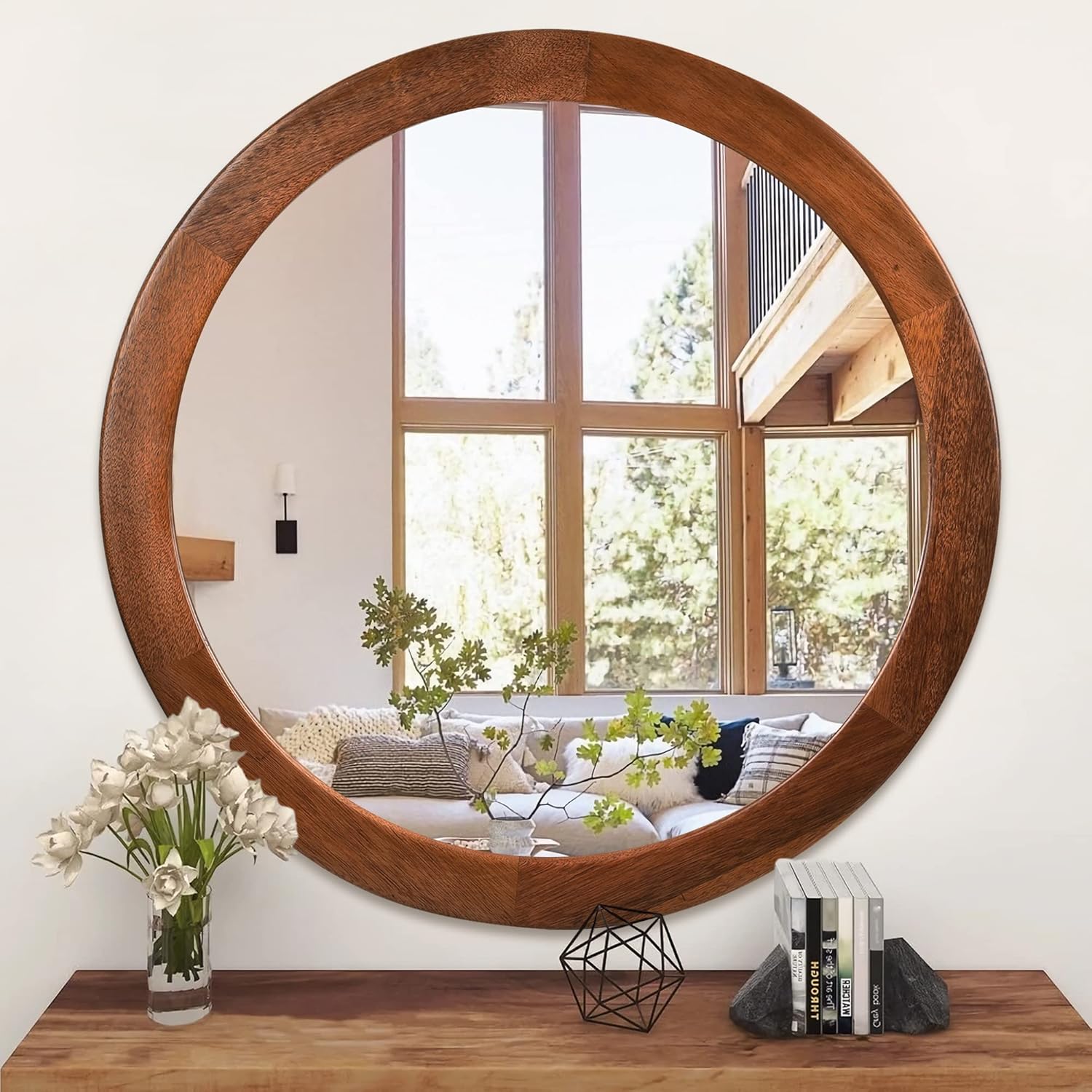 CULER Round Mirrors 30 Inch,Wood Vanity Wall Rustic Mirror with Walnut Frame, Wooden Mirror for Bathroom Bedroom Living Room Or Entryway(Walnut Brown) 30"L x 30"W Walnut Brown