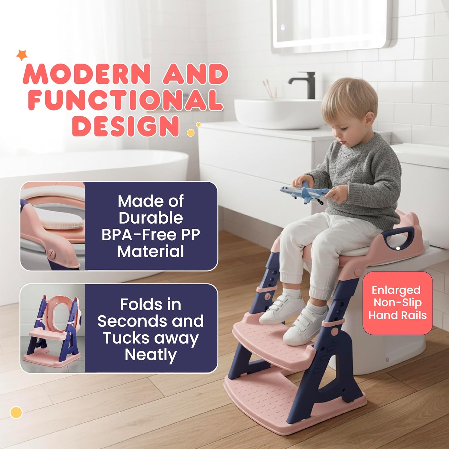 2-in-1 Cushioned Potty Training Seat with Step Stool for Kids, Toddler Toilet Seat, Potty Chair for Boys & Girls Aged 2-8, Adjustable Height, Splash Guard, Foldable, Anti-Slip, Pink & Purple