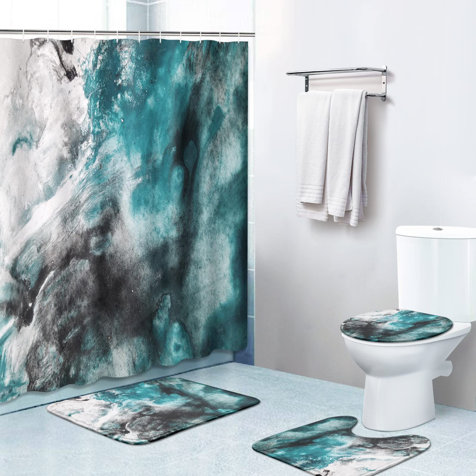 Rideau de douche noir aquarelle avec tapis de bain antidérapant