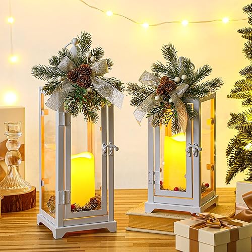 Baquler 2 faroles de metal de Navidad y velas LED falsas de 12 y 15 pulgadas, faroles decorativos con adornos de Navidad, faroles de porche,