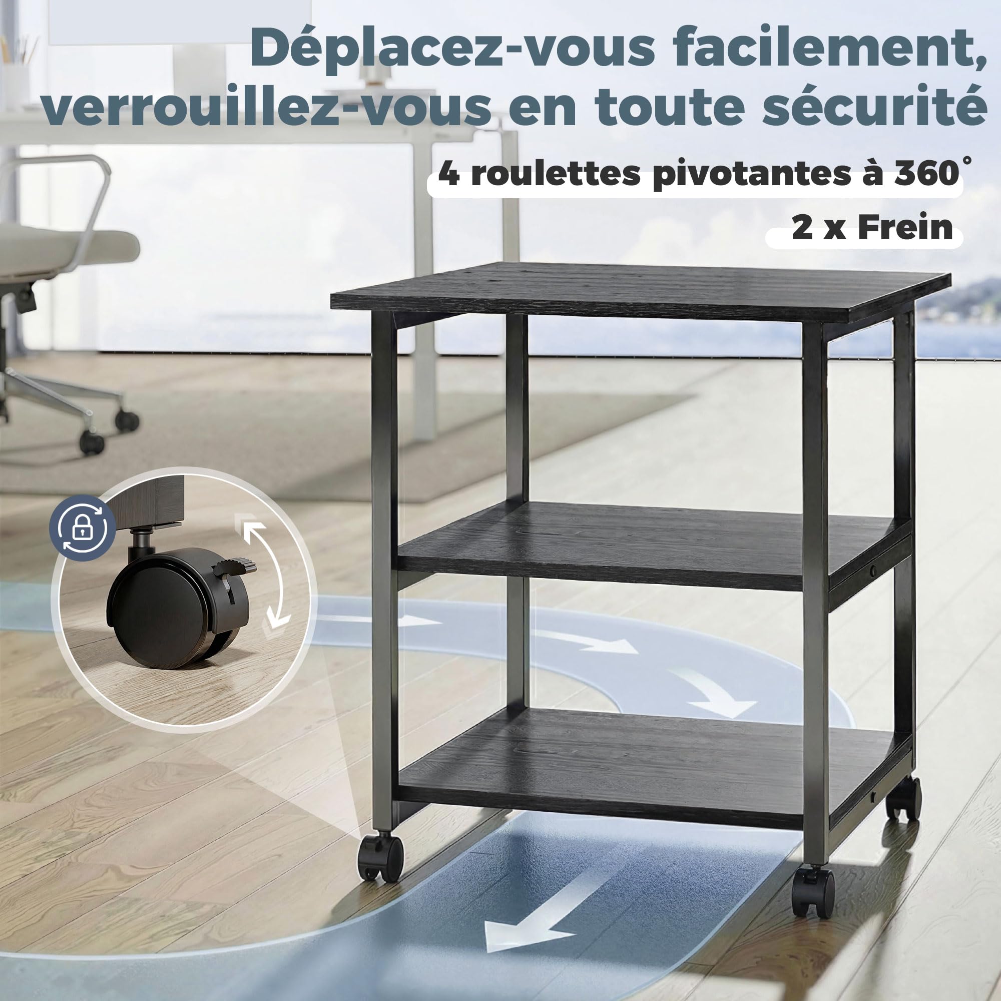 HOMCOM Support d'Imprimante 3 Niveaux sur roulettes 50 x 50 x 52,5 cm Noir | Desserte de Rangement, Étagères Mobile