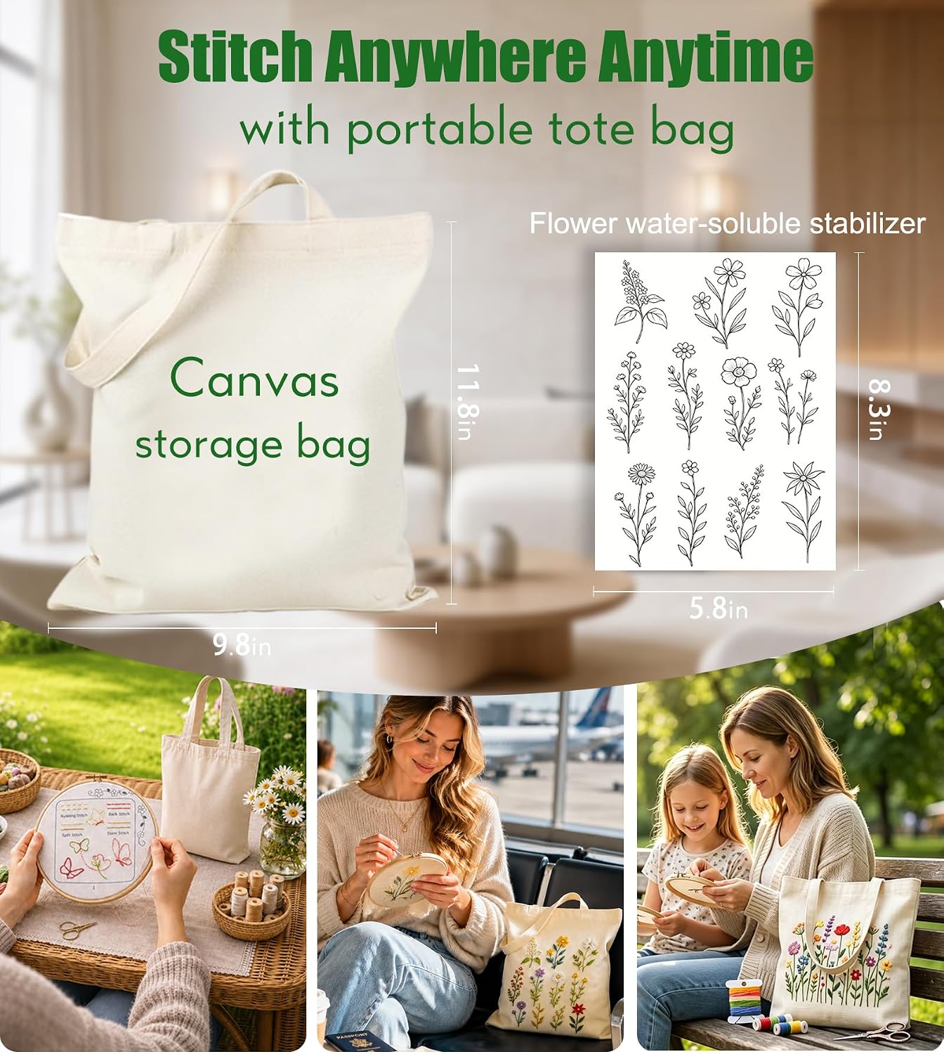 CIZULFY Beginner Embroidery Stitch Book Kit with Portable Canvas Bag, 30 Essential Stitches and Pre-Printed Floral Patterns, Complete Embroidery Kit for Beginner Adult with Tool and 4K Video Guide