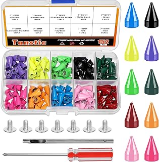 Tanstic Kit de 152 puntas y tachuelas de metal, 7 x 14 mm, 10 colores, puntas de cono de bala, puntas de rosca trasera, puntas punk de cuero con herramientas de instalación para ropa, zapatos,