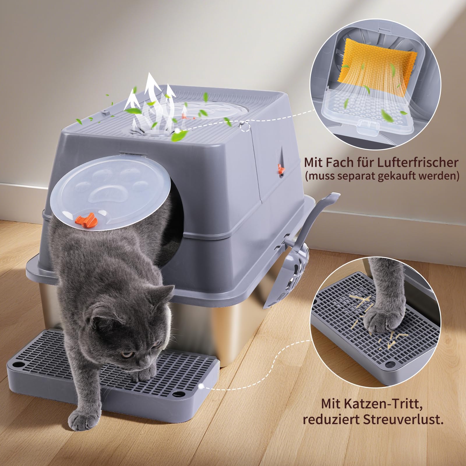 Katzenklo Edelstahl XXL mit Deckel, Katzentoilette Edelstahl 37L Große, Katzentoilette Groß mit Pedals und Schaufel, Katzenklo Spritzsicher & Leicht zu Reinigen, 60x40x39 cm (grau)
