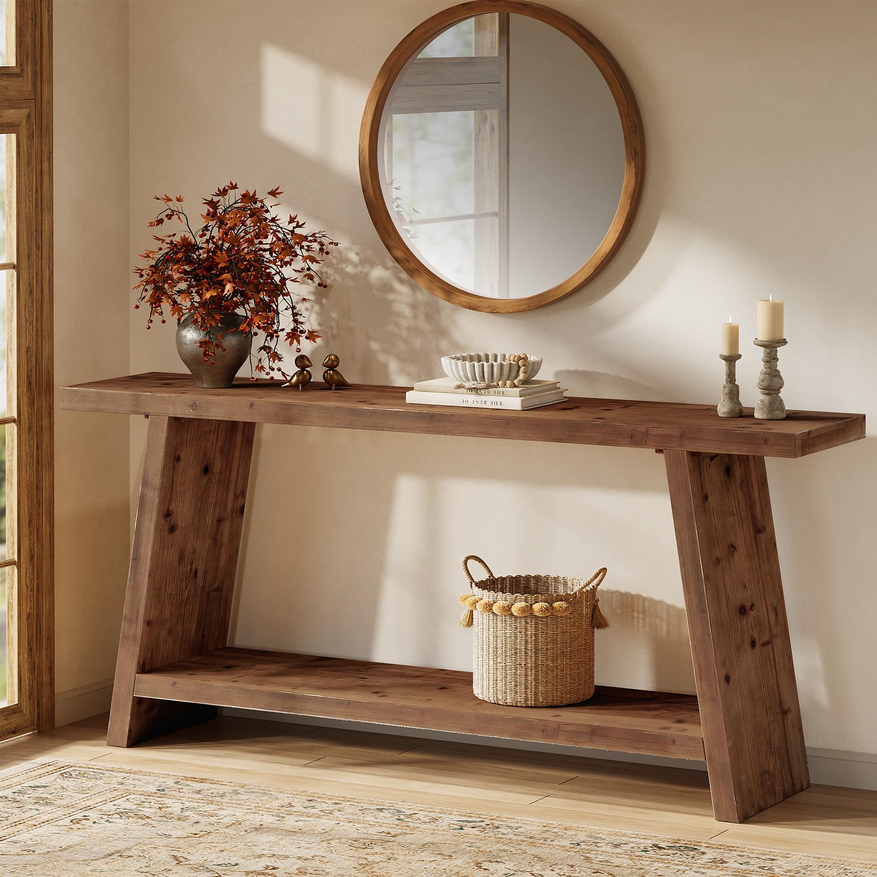 Consola de Madera Maciza 160 cm Marrón, Mesa de Entrada Estrecha con 2 Estantes, para Pasillo, Salón o Detrás del Sofá, Estilo Granjero Vintage