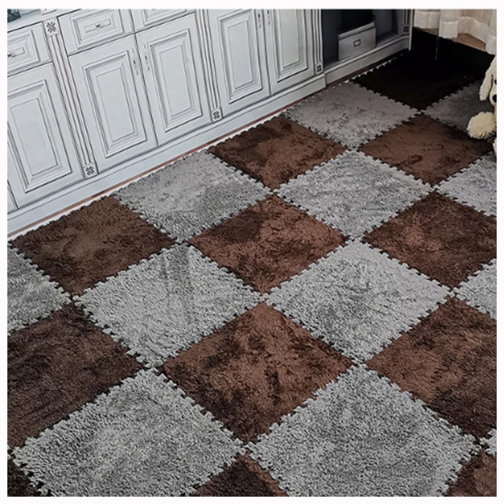 Pluszowe płytki dywanowe z łączonych płytek, pluszowa mata puzzli(Coffee+gray)