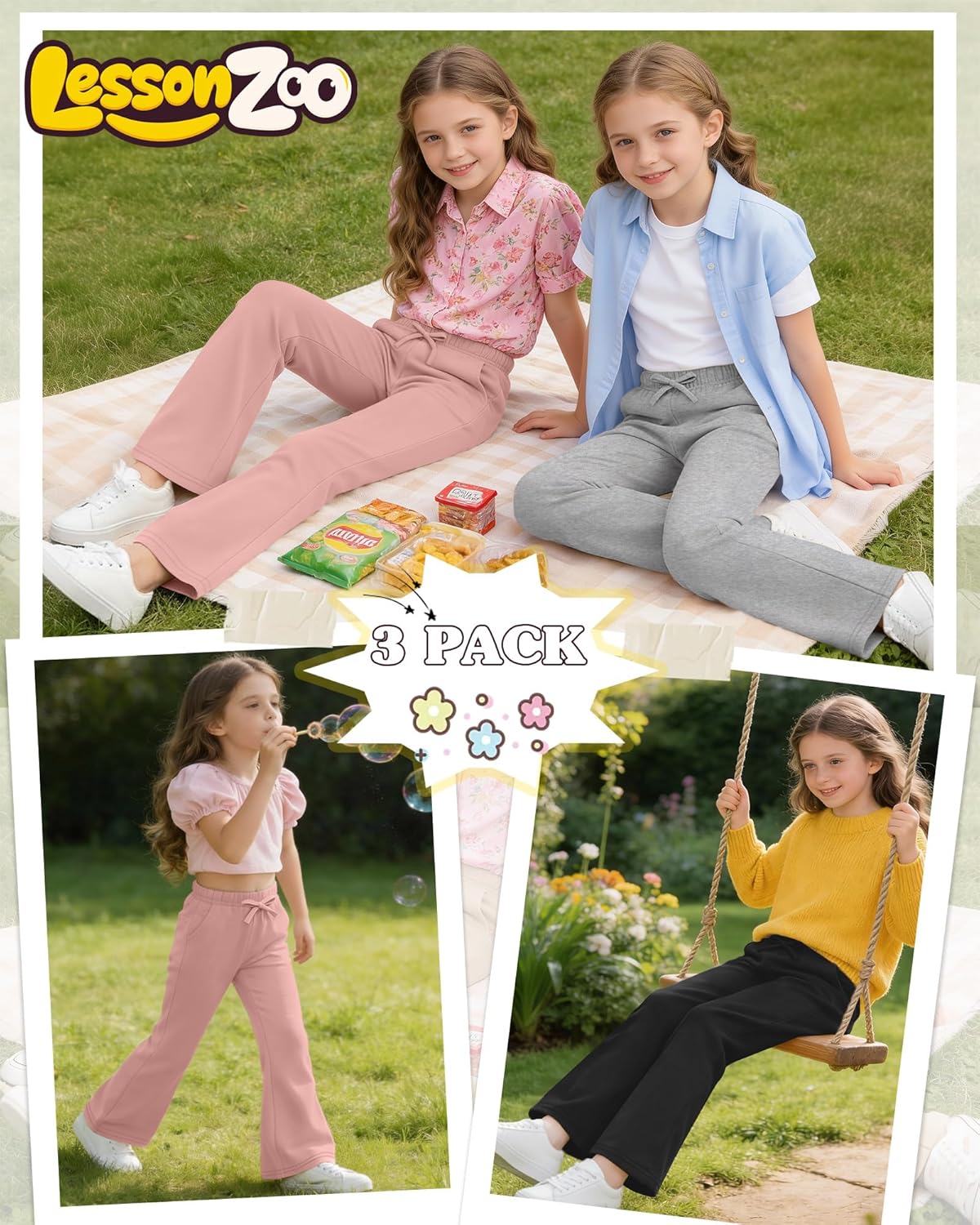 3 Pack Girls Sweatpants Flare Wide Leg Drawstring Casual Kids Pants Bell Bottom Loose Teen Joggers with Pockets - Image 2