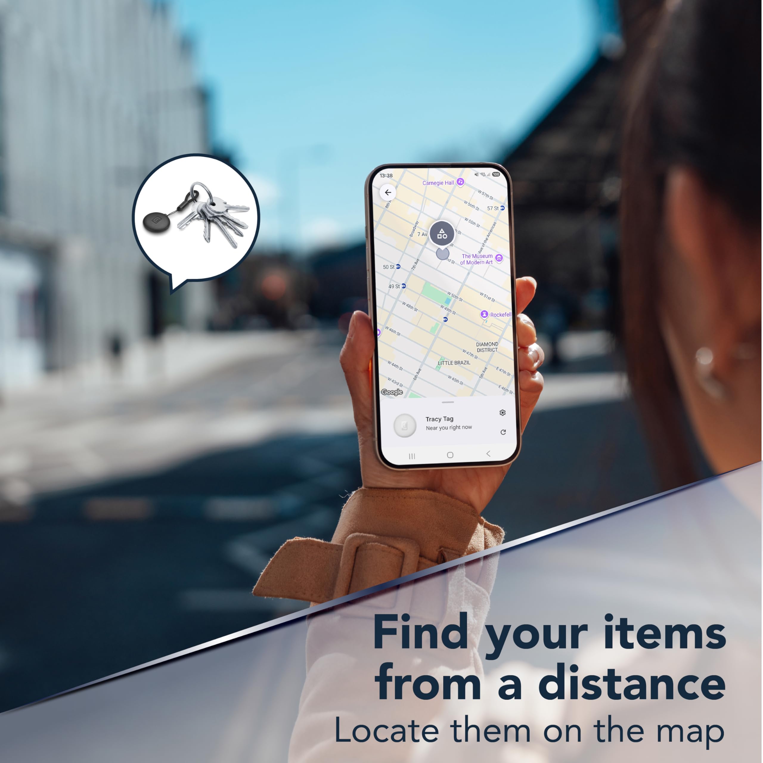 Cellularline TRACY TAG Bianco per Android, Mini Smart Tracker con App Trova il Mio Dispositivo di Google, Compatibile con Accessori AirTag, Batteria Sostituibile