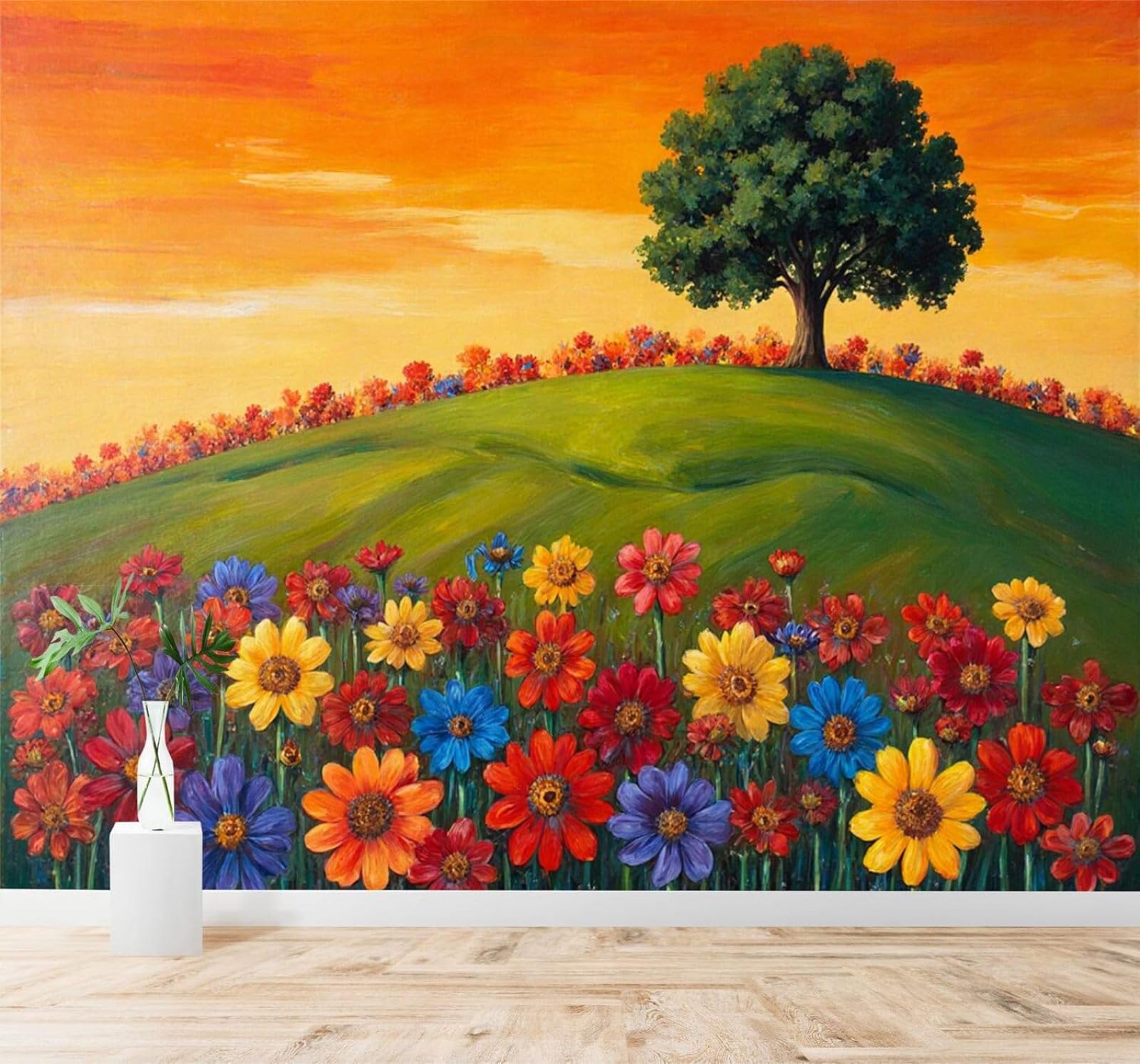 Tzxztt 350Cm×256Cm(B×H) Hand Painted Colourful Flower Fields Green Hills Trees Sunset Modern 3D Wallpaper Premium Textured Silk Neutral Tones Material Ideal For Living Room Bedroom-350Cm×256Cm