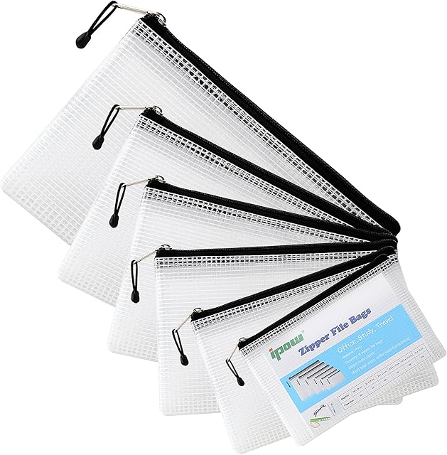 Ipow Mesh Zip Wallets File Zip Bags, Reinforced Zipper with Threads Mesh Zipper Pouch for School Office Supplies, Document, Office Stationary, Cosmetics, Travel Accessories (6 Pieces, 6 Sizes)