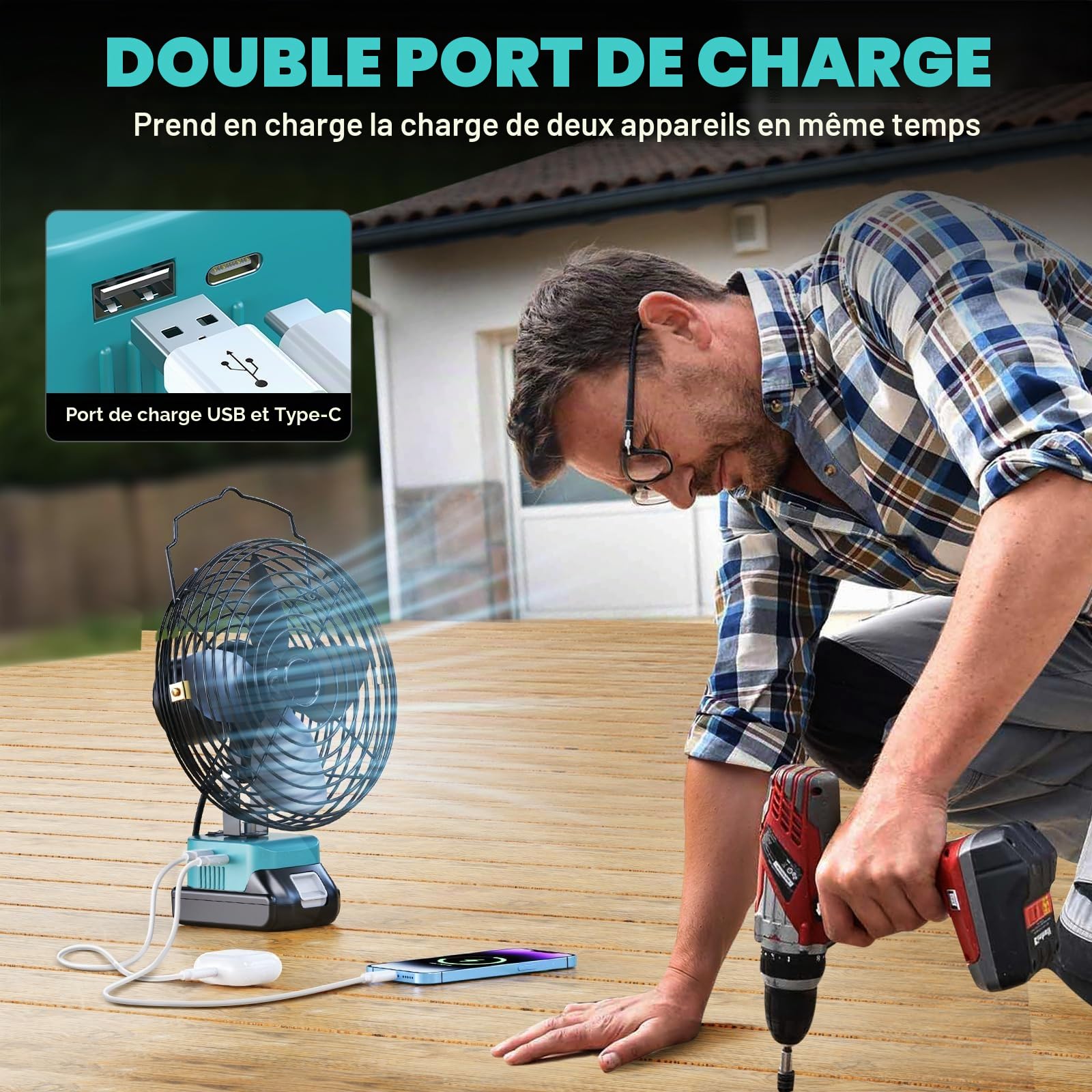 LIVOWALNY Ventilateur Sans fil 8" Compatible avec Makita 18V – Ventilateur Compact avec Port USB/Type-C et Protection Basse Tension – Idéal Atelier, Extérieur, Maison, Chantier (Outils Uniquement)
