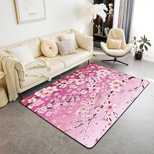 Alfombras para sala de estar, 5 x 7 pies, estilo japonés, alfombra de área de flores Sakura, alfombra decorativa rosa degradado para niños, niñas,