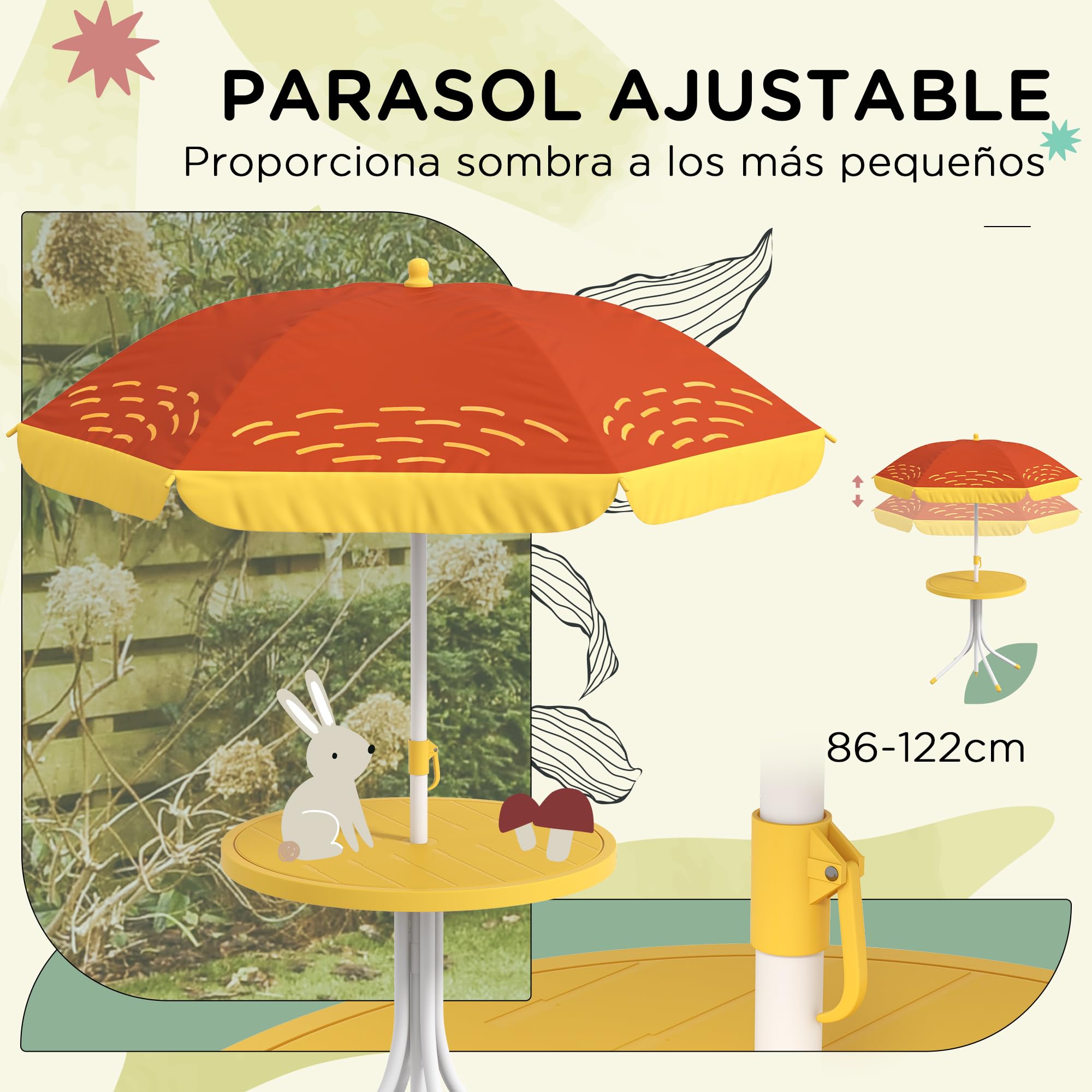 Outsunny Conjunto de Mesa y Sillas para Exterior Infantil Set de 2 Sillas Plegables y Mesa para Niños Mesa con Sombrilla Ajustable en Altura Temática de León para Jardín Patio Amarillo y Marrón