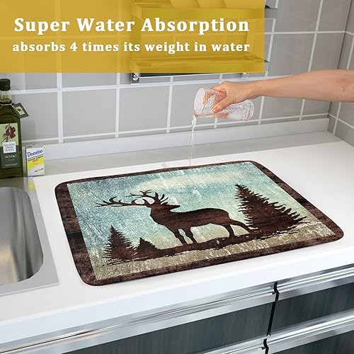 Miniatura 7 de Tapete de secado de platos retro con silueta de cabaña de ciervos, 18 x 24 pulgadas, otoño, cielo azul, nube, dibujos animados, alce, animales