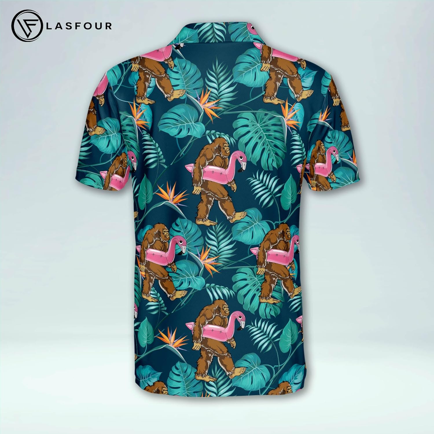 LASFOUR Personalized Bigfoot Golf Shirts for Men, Bigfoot Hawaiian Polo Shirts, Funny Golf Pattern Floral Flamingo Dry Fit Polo Shirts for Men, Funny Bigfoot Gifts for Men