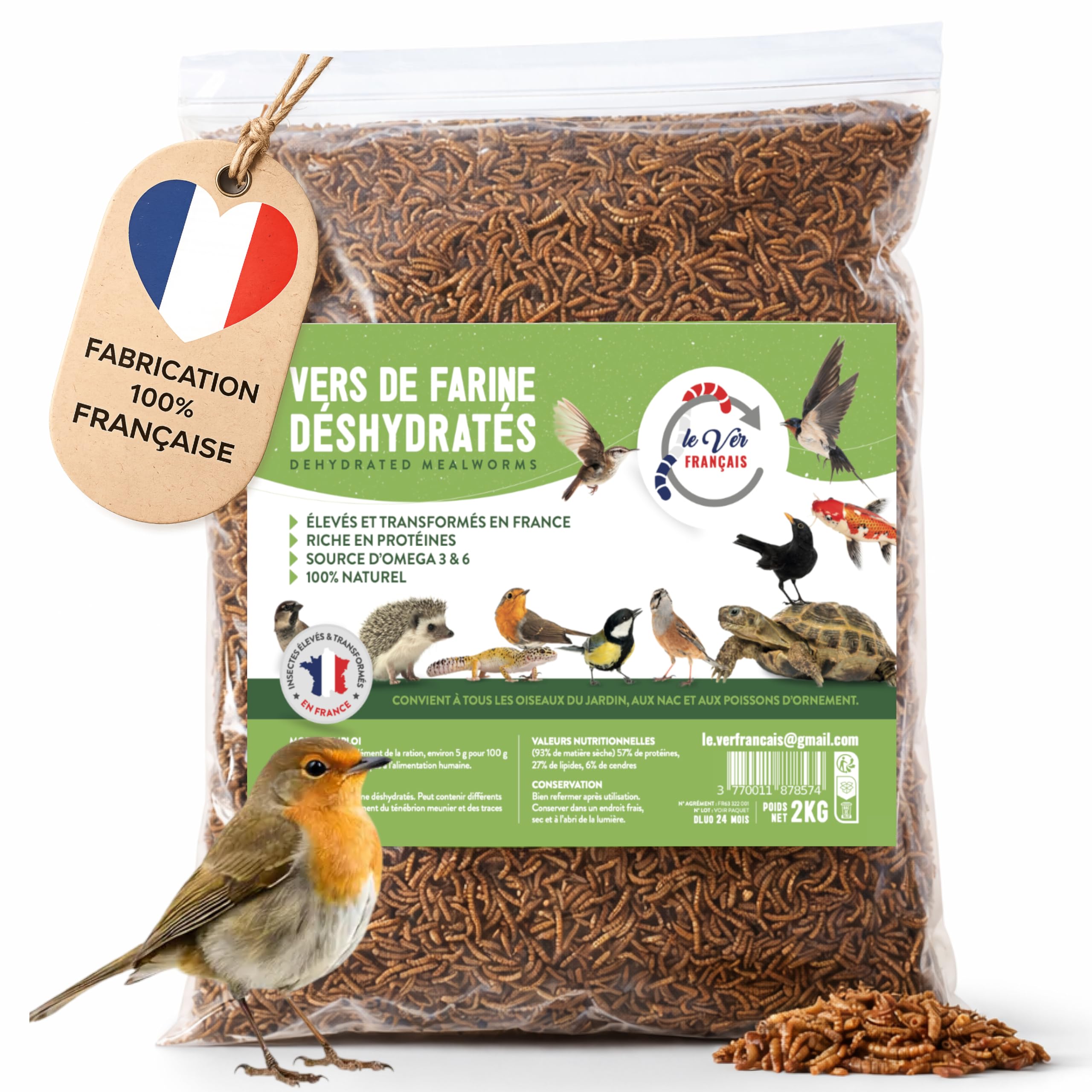 vers de Farine pour Poules 2kg - Élevés Et Séchés en France - Riche en Protéines 55% - Nourriture 100% Naturelle pour Oiseaux, Hamster et Reptiles - Complément Alimentaire Animaux