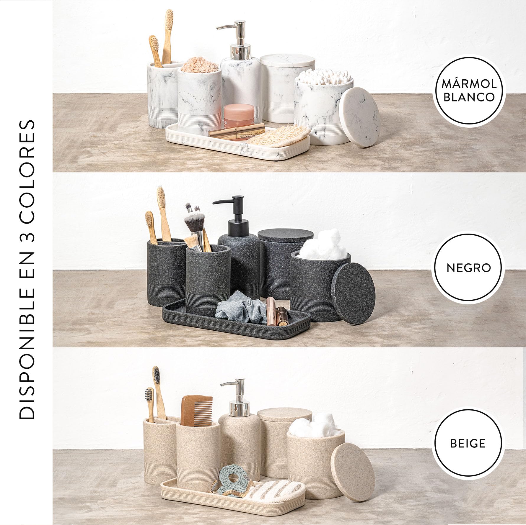 Juego de 6 Accesorios de baño Beige con Dispensador de jabón y Organizador Decorativo para encimera
