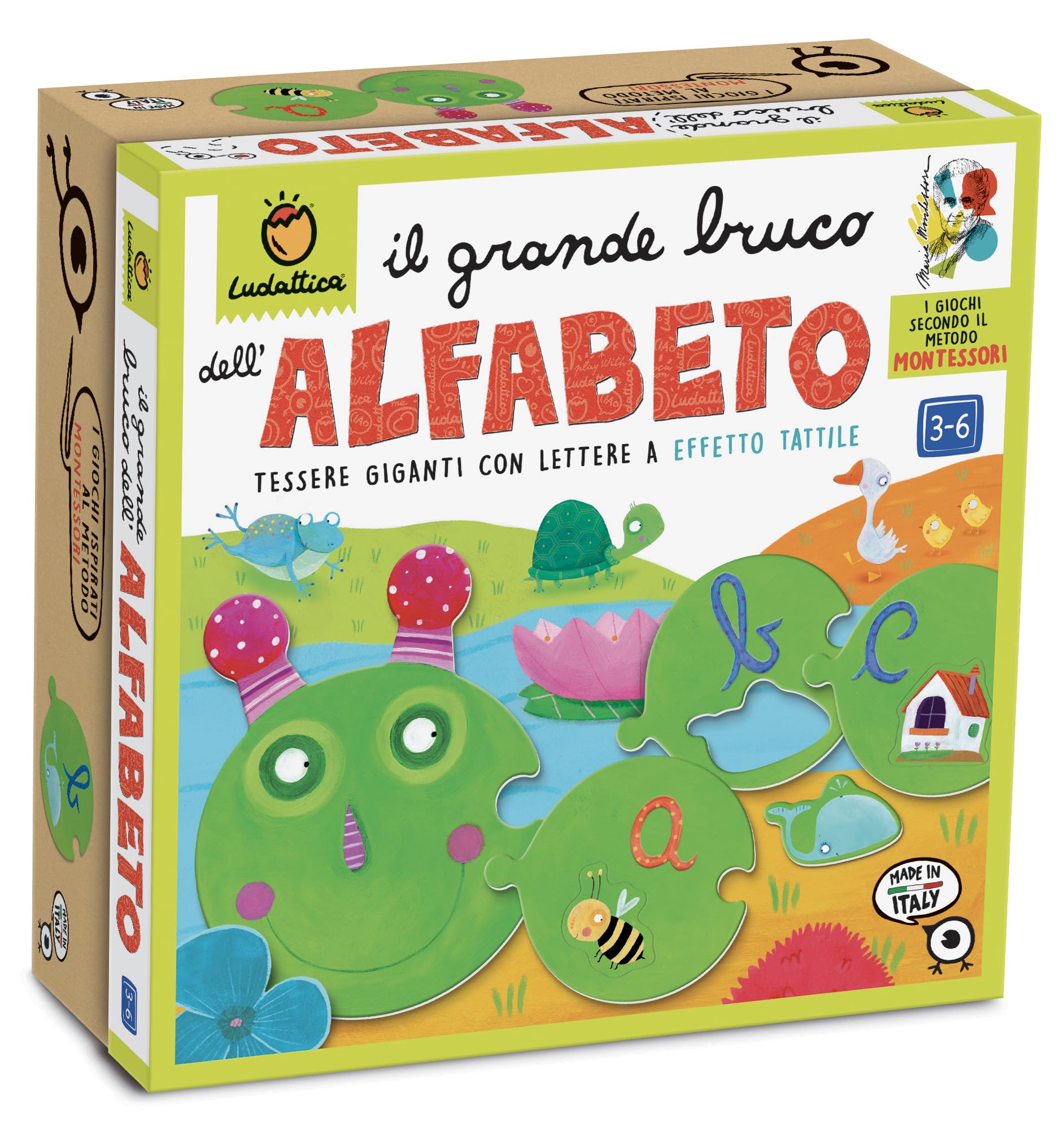 Ludattica - GIOCHI MONTESSORI - Il grande Bruco dell'alfabeto - 26 tessere giganti con effetto tattile - Gioco educativo bambini 3-6 anni per imparare l'alfabeto
