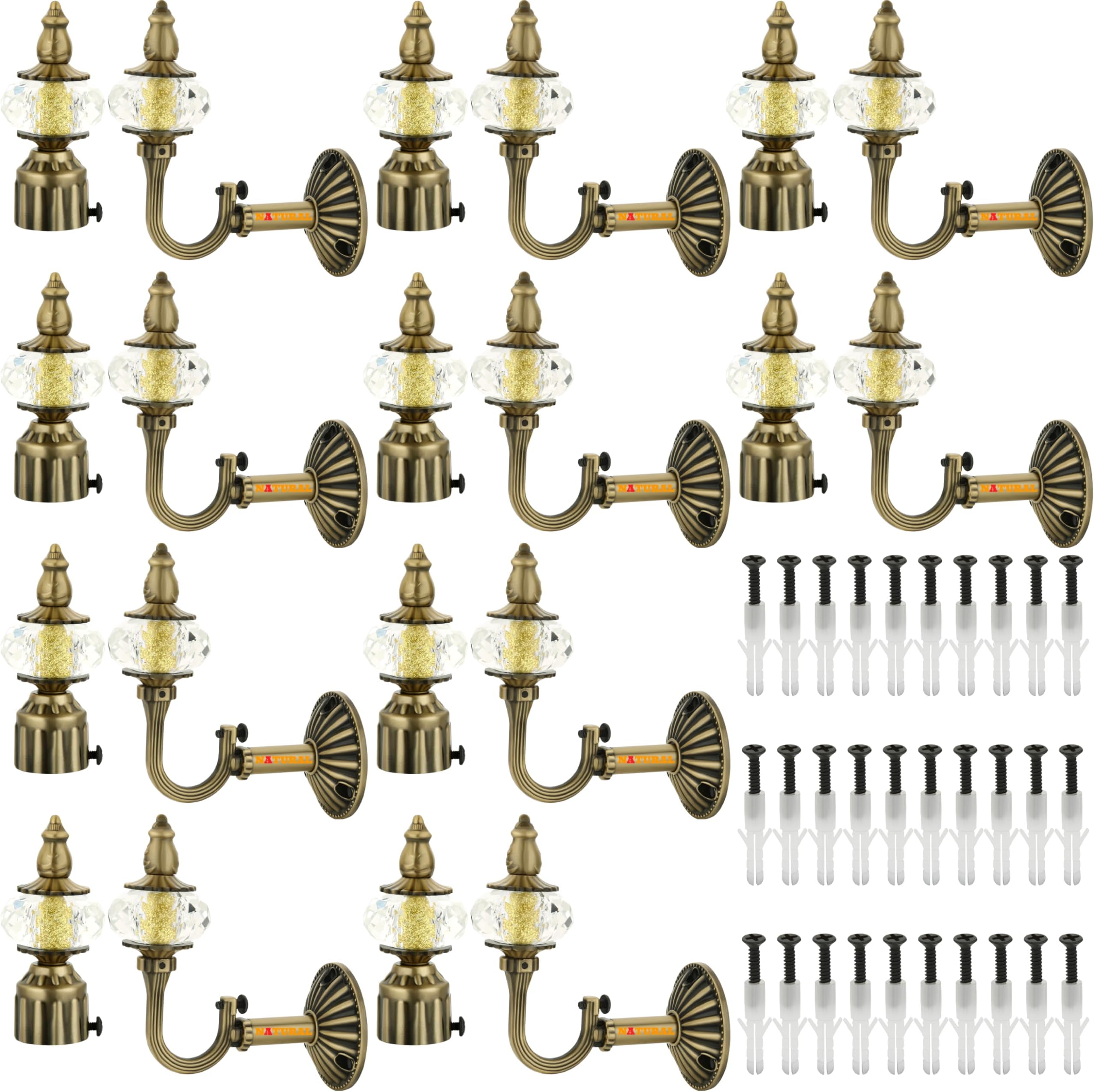 NATURAL Heavy Duty Aluminum Royal Luxury Design Curtain Bracket/Finial and Curtain Support with Screw/Wallplug for Window & Door Curtain Fittings Suitable Upto 1 Inch Pipe. (10 Set, Antique Brass)