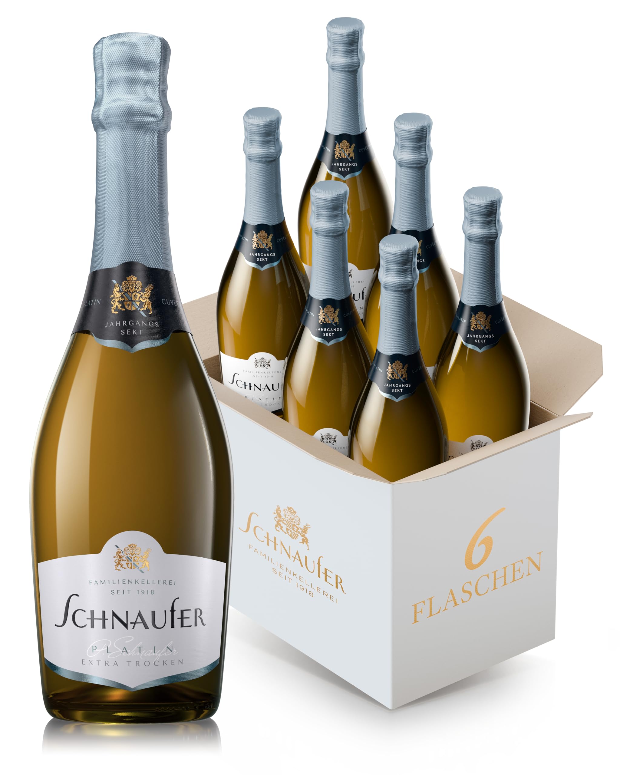 Schnaufer Platin Sekt Extra Trocken – Exklusiver Jahrgangs-Cuvée, aus Riesling & Chardonny – Goldprämiert & Feinperlig – Familienkellerei seit 1918 aus Baden-Württemberg (6 x 0,75L)