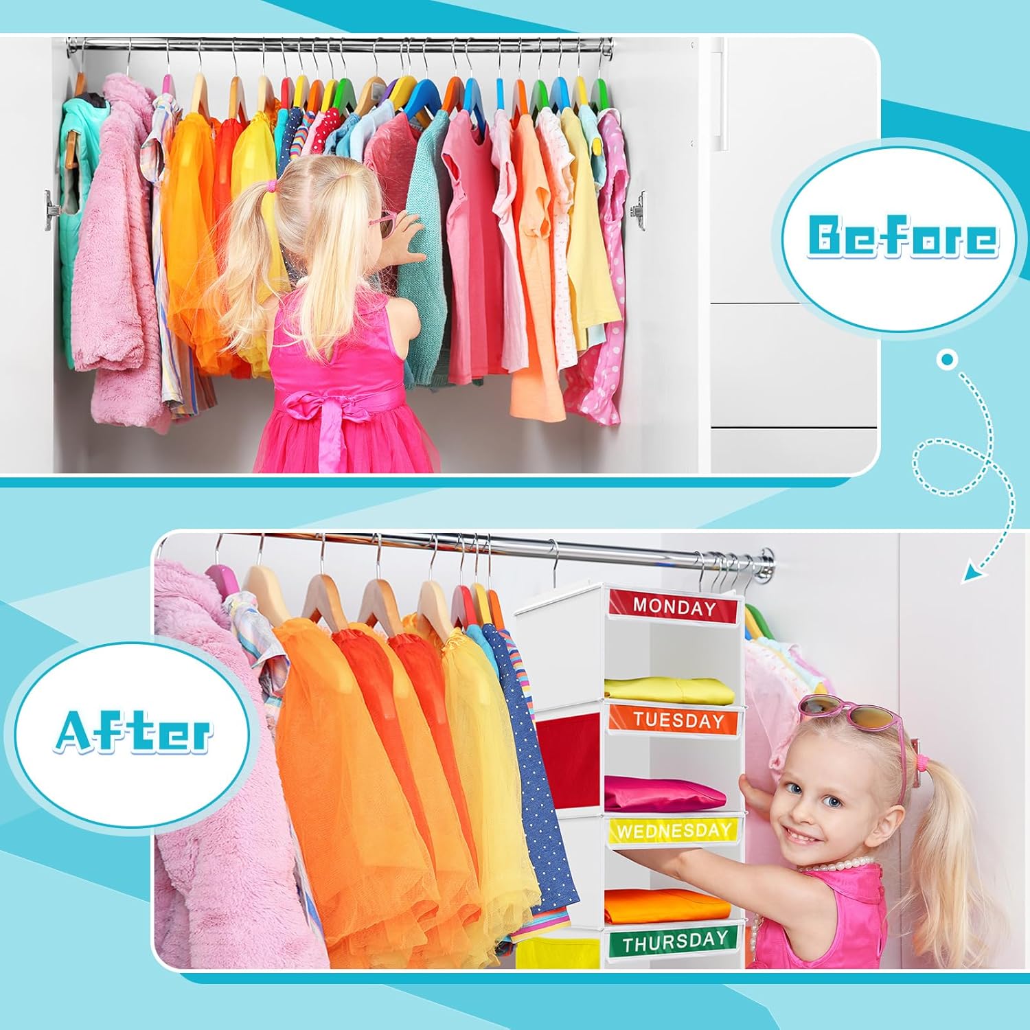 Amylove 2 Pcs 7 Shelf Weekly Clothes Organizer for Kids Hanging Closet Organizer 11. 8 x 11. 8 x 50 Inches Daily Activity Kids Clothes Storage Drawers Cube Drawers Closet Hanging Shelves(White)
