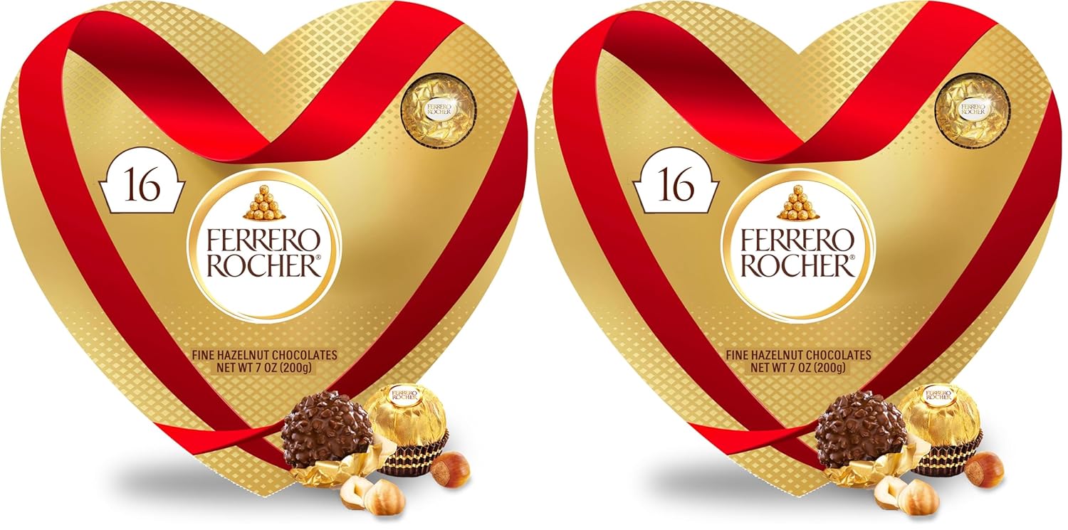 Ferrero Rocher Fine Hazelnut Chocolates, Valentine’s Day Heart Gift Box, 16 Piece Premium Chocolate for Gifting, 7 oz (Pack of 2)
