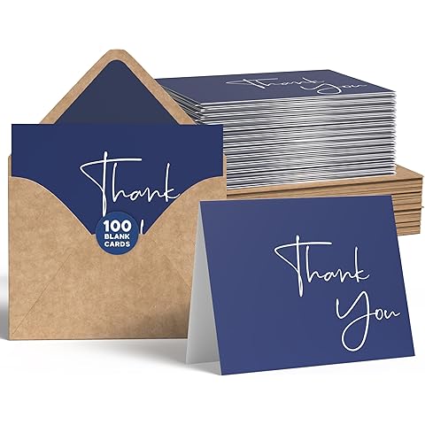 VNS Creations Thank You Cards With Envelopes Bulk Set & Stickers - 100 Pack 4x6 Blank Thank You Notes Bulk Box Set - Large Note Card Small Business, Wedding, Baby Shower & Bridal Shower - Navy Blue