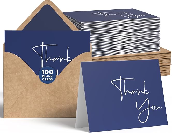 VNS Creations Thick 30 GSM Thank You Cards With Envelopes Bulk Set & Stickers - 100 Pack 4x6 Blank Thank You Notes Bulk Box Set - Large Note Card Small Business, Wedding, Baby Shower & Bridal Shower - Navy Blue