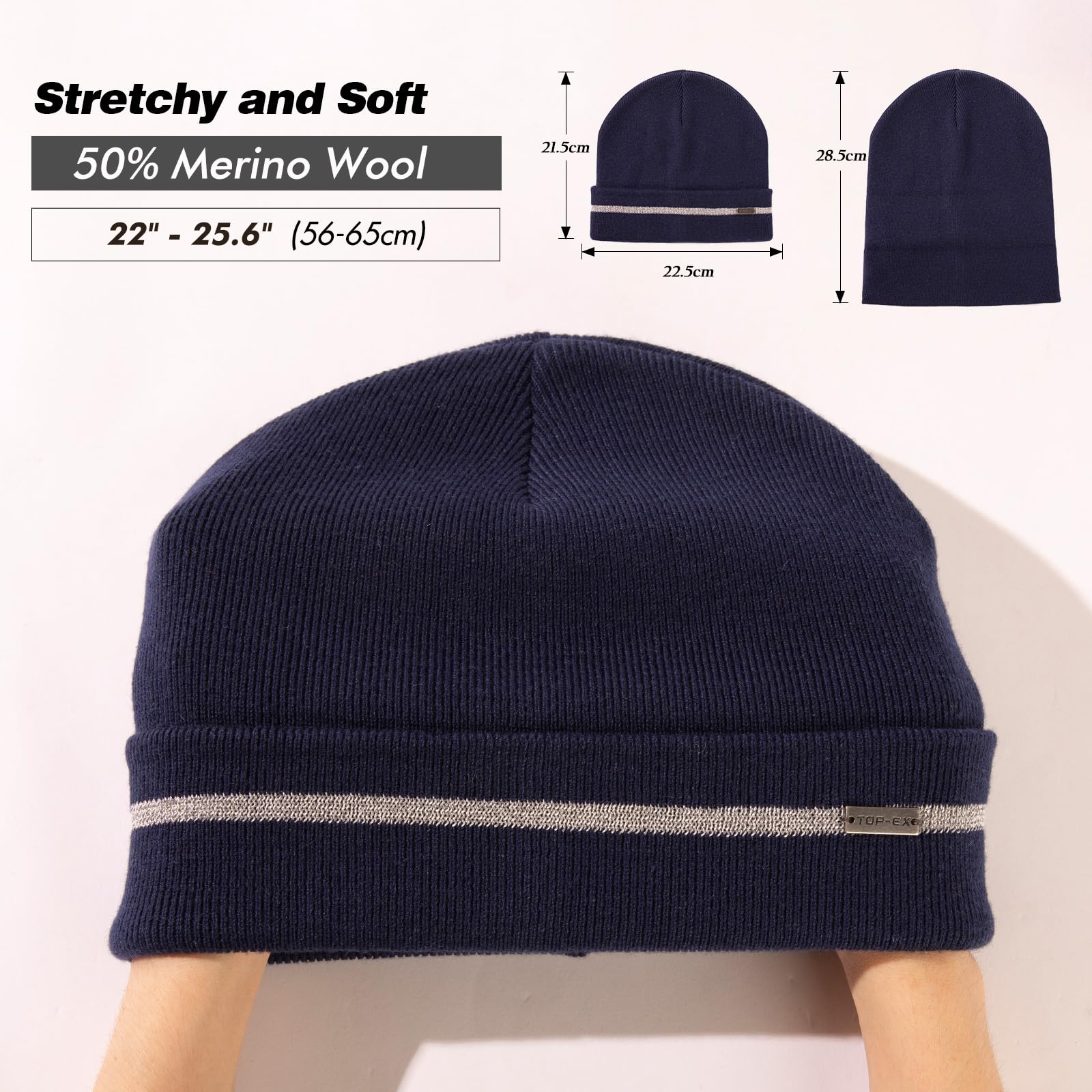 TOP-EX Bonnet 50 % laine mérinos pour homme et femme avec bandes réfléchissantes - Pour l'hiver - Pour la course à pied - Pour sports par temps froid - 56 à 65 cm
