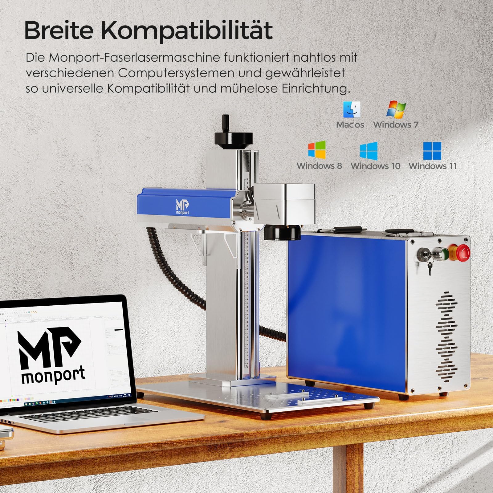 Monport Graveur Laser à Fibre 30W, Compatible LightBurn, Graveur Découpeur Laser avec Pointeur à Point Rouge, Logiciel BSL, Précision de 0,01mm, Gravure Laser Raycus 150x150mm pour Bois Métal Verre