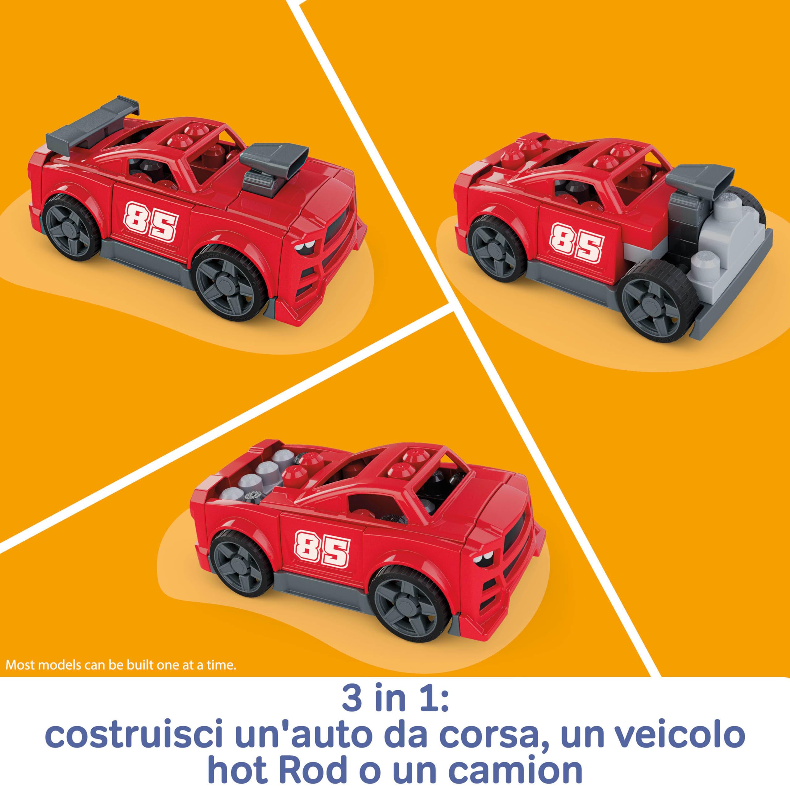 Mega Bloks - Auto da Corsa Costruisci e Vai, Set Veicolo da 26 Pezzi e Ruote funzionanti, Macchina trasformabile in Pick-up e Hot Rod da Costruire e ricostruire, 3+ Anni, JKG35