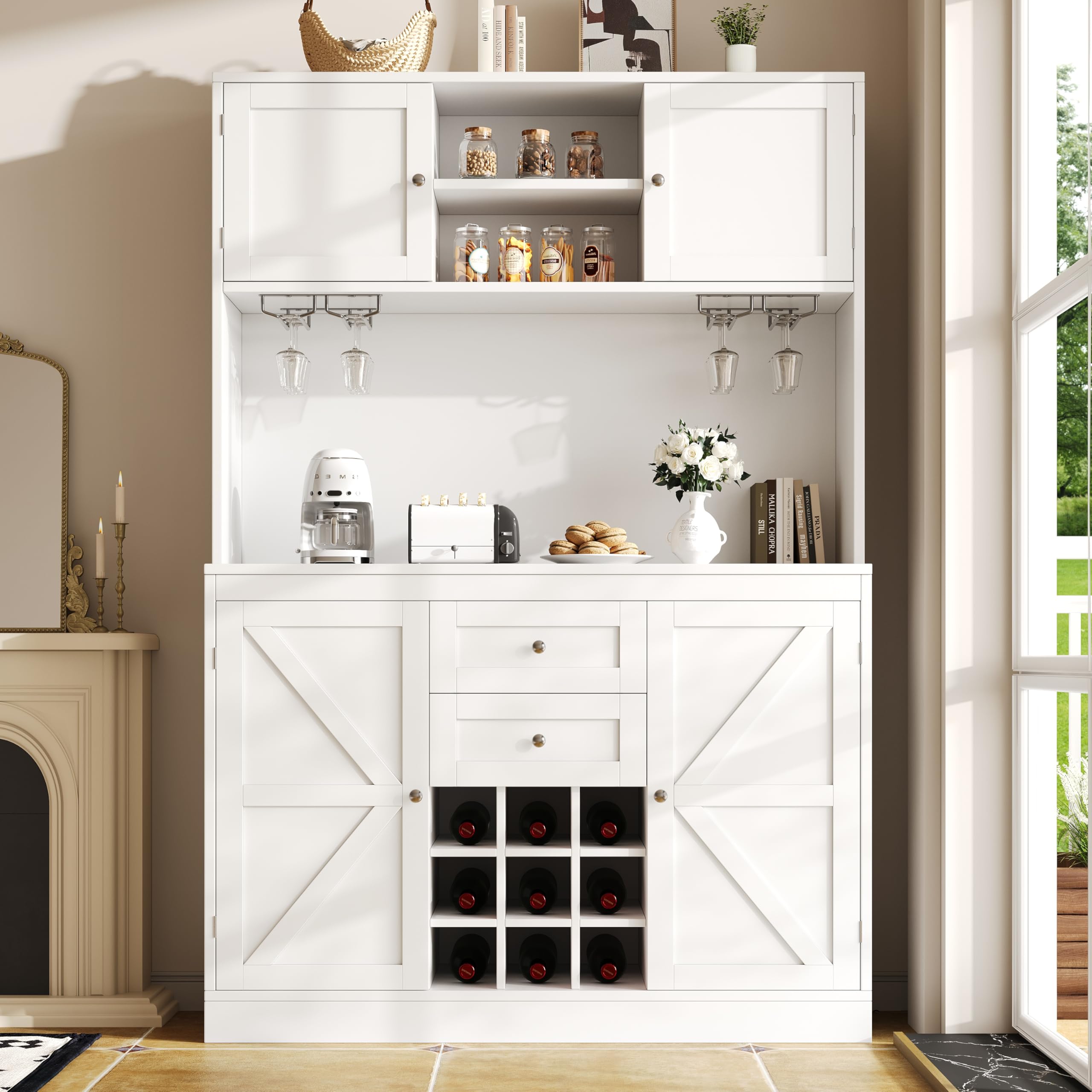 Armadietto da cucina con ripiani regolabili e scaffale per vino, a buffet alto con 4 ante e 2 cassetti, credenza per cucina e soggiorno, armadietto a buffet, 120 x 40 x 188 cm (bianco)