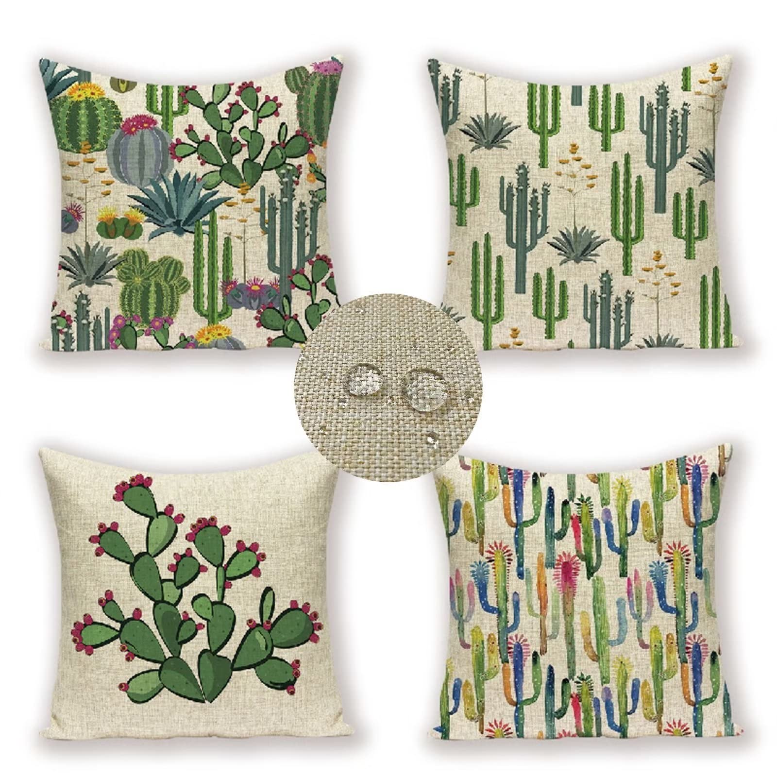 Federe Cuscini Divano 55x55 Set di 4 Cuscini per Divano impermeabile Lino Esterno Cuscini Decorativi Pianta di cactus Motivo Cuscini Divano,Soggiorno Letto Estate giardino Copricuscino (Verde) JW-2263