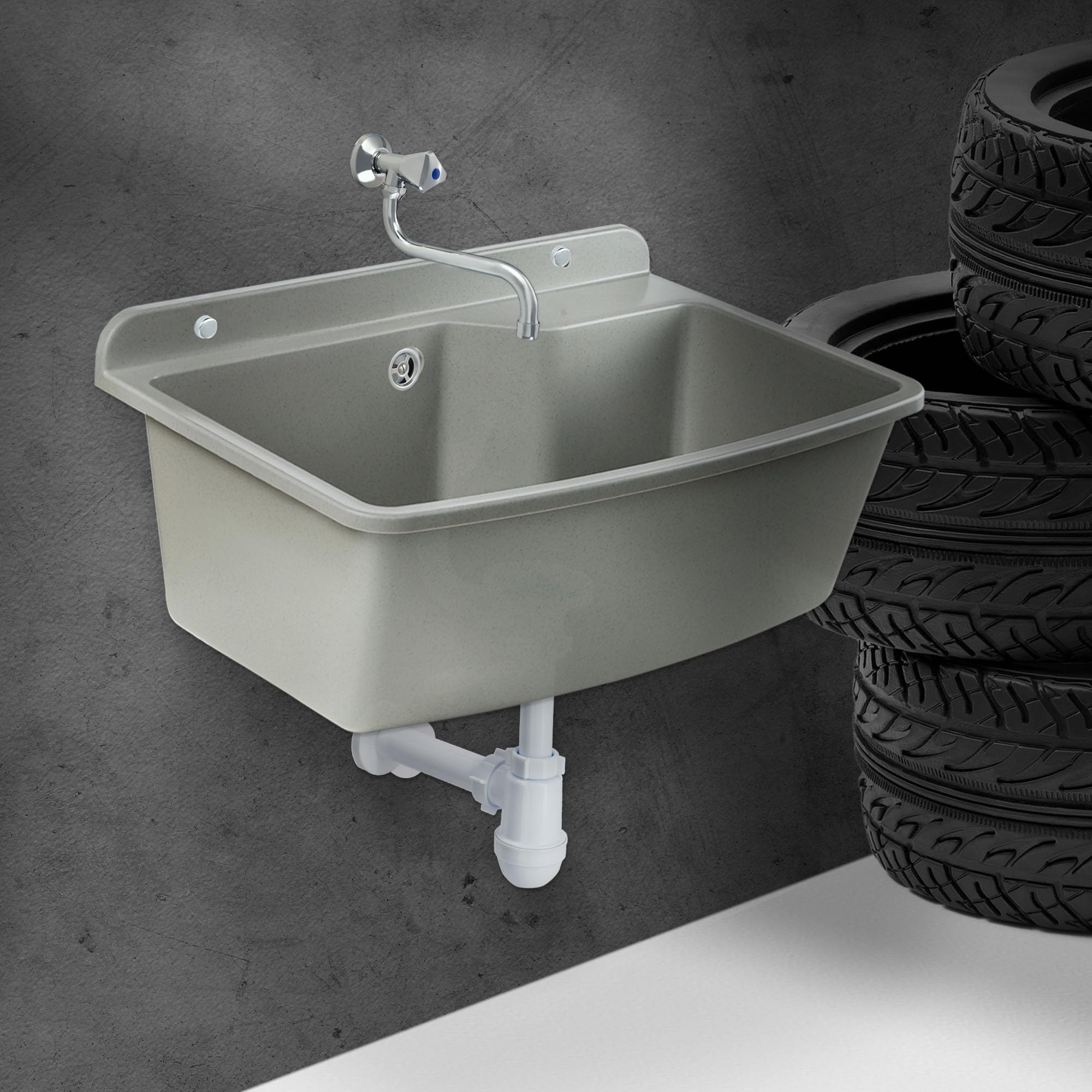 GOSPO Bassin d'évier en plastique solide avec trop-plein et siphon 61 x 44 x 23,5 cm 38 l, gris