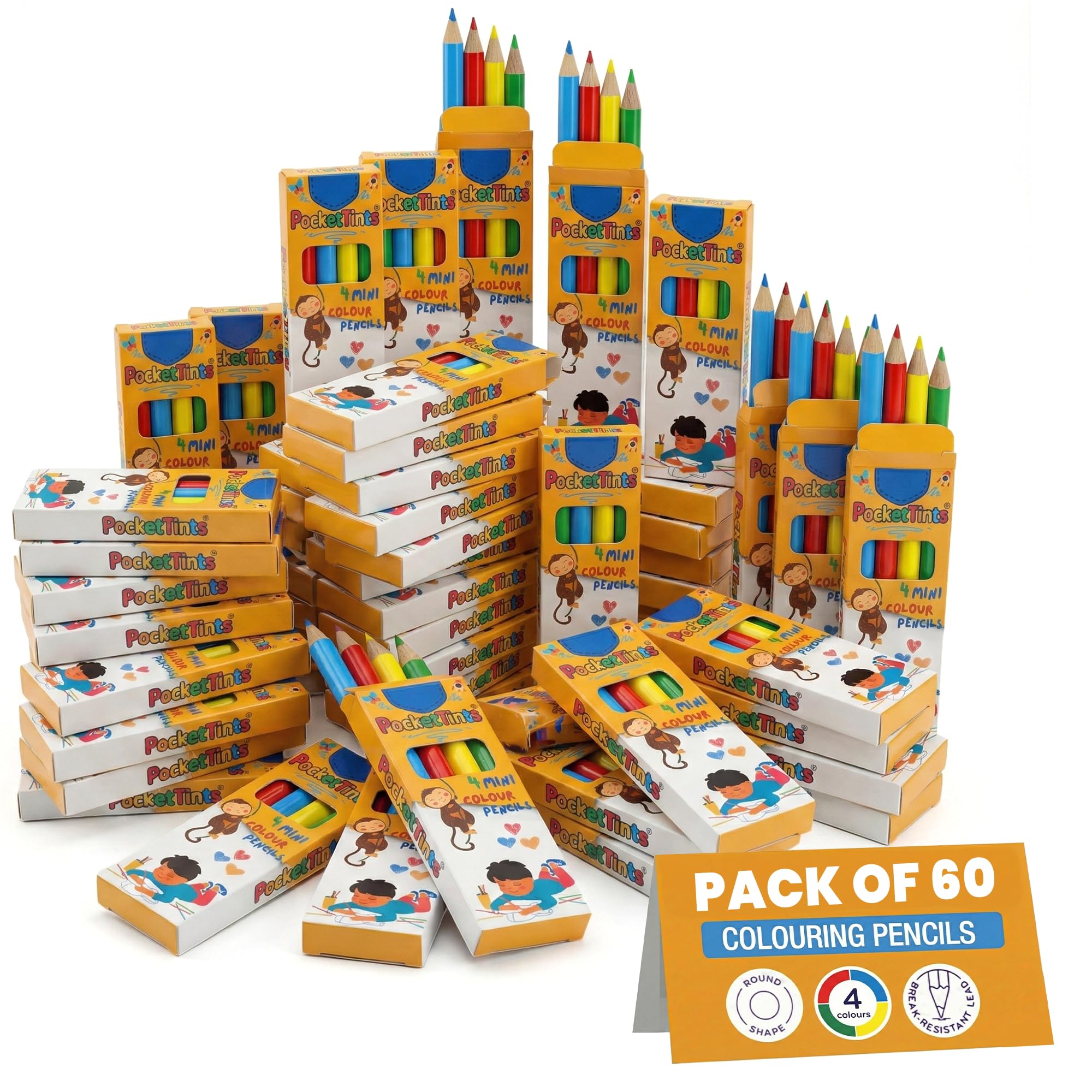 Pocketints Mini Coloured Pencils (60 x 4 Packs) – Total 240 Kids Pencils, 9cm Round Shape Assorted Colouring Pencils for Ages 2+, Perfect Handy Packs, Kids Pencils for Parties & Classrooms