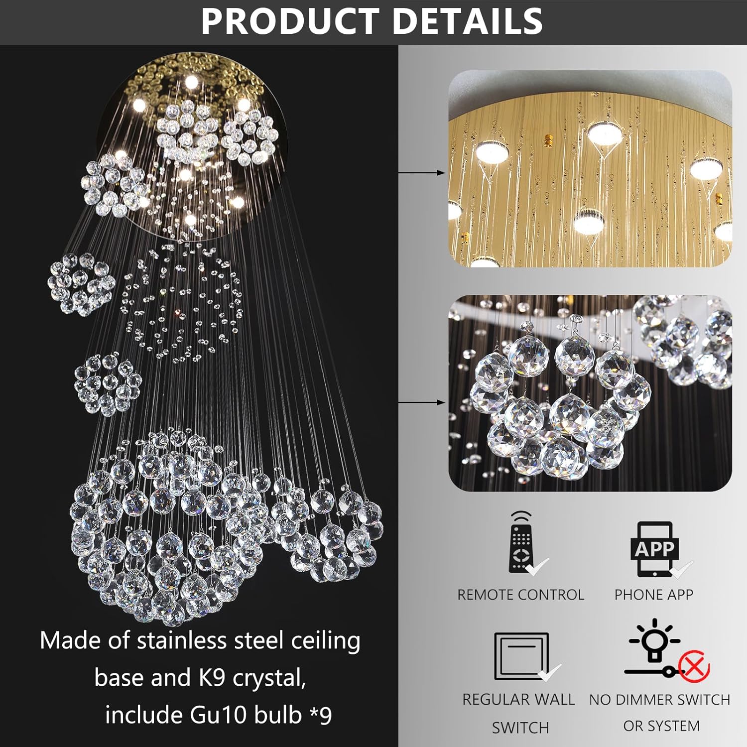 Modern Large Chandelier for Foyer Raindrop Crystal Chandeliers LED Dimmable High Ceiling Flush Mount Light Fixtures for Staircaes Hallway Entryway 78.7'' Gold