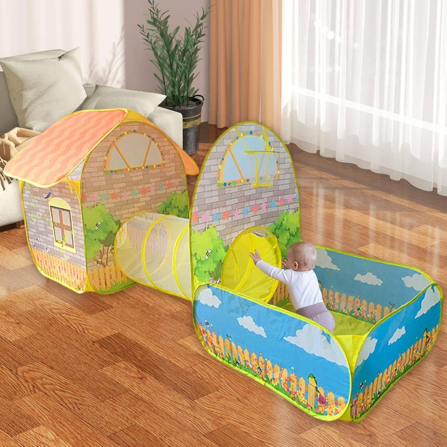 Menolana Children Play Tent Indoor Outdoor Tent Easy Assemble Folding with Crawling Tunnel 3 in 1 Play Tent Set for Yard Picnics Parks