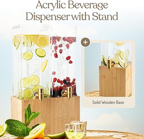 Miniatura 2 de Dispensador de bebidas de acrílico doble de 1.25 galones con soporte de bambú, dispensador de bebidas heladas con espita de acero inoxidable y