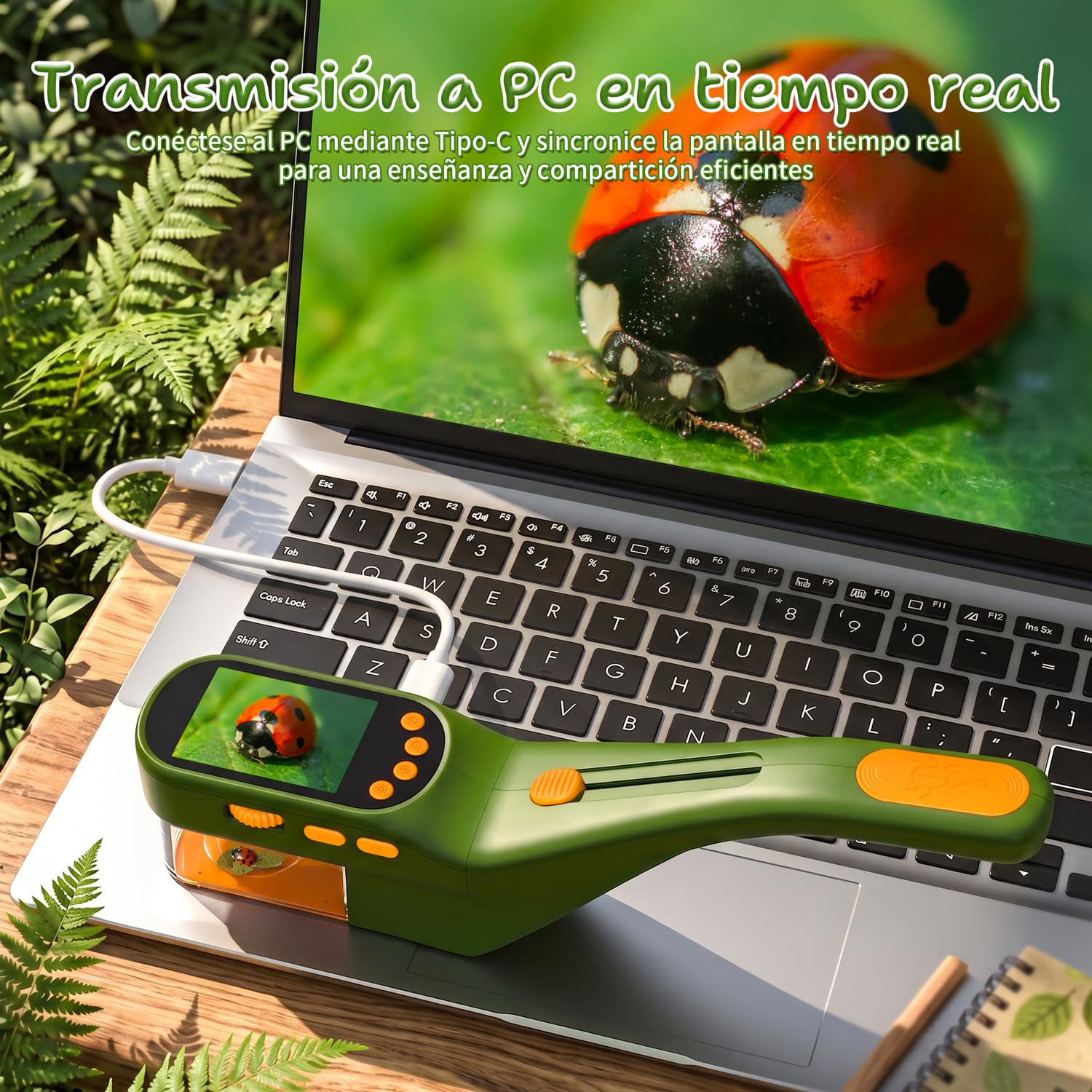 Atrapa Insectos Niños 3 en 1, Microscopio 500X IPS 2,4" 1080P | 4 niveles de brillo, batería de 1000 mAh, foto y vídeo, juguete de investigación al aire libre, regalo para niños a partir de