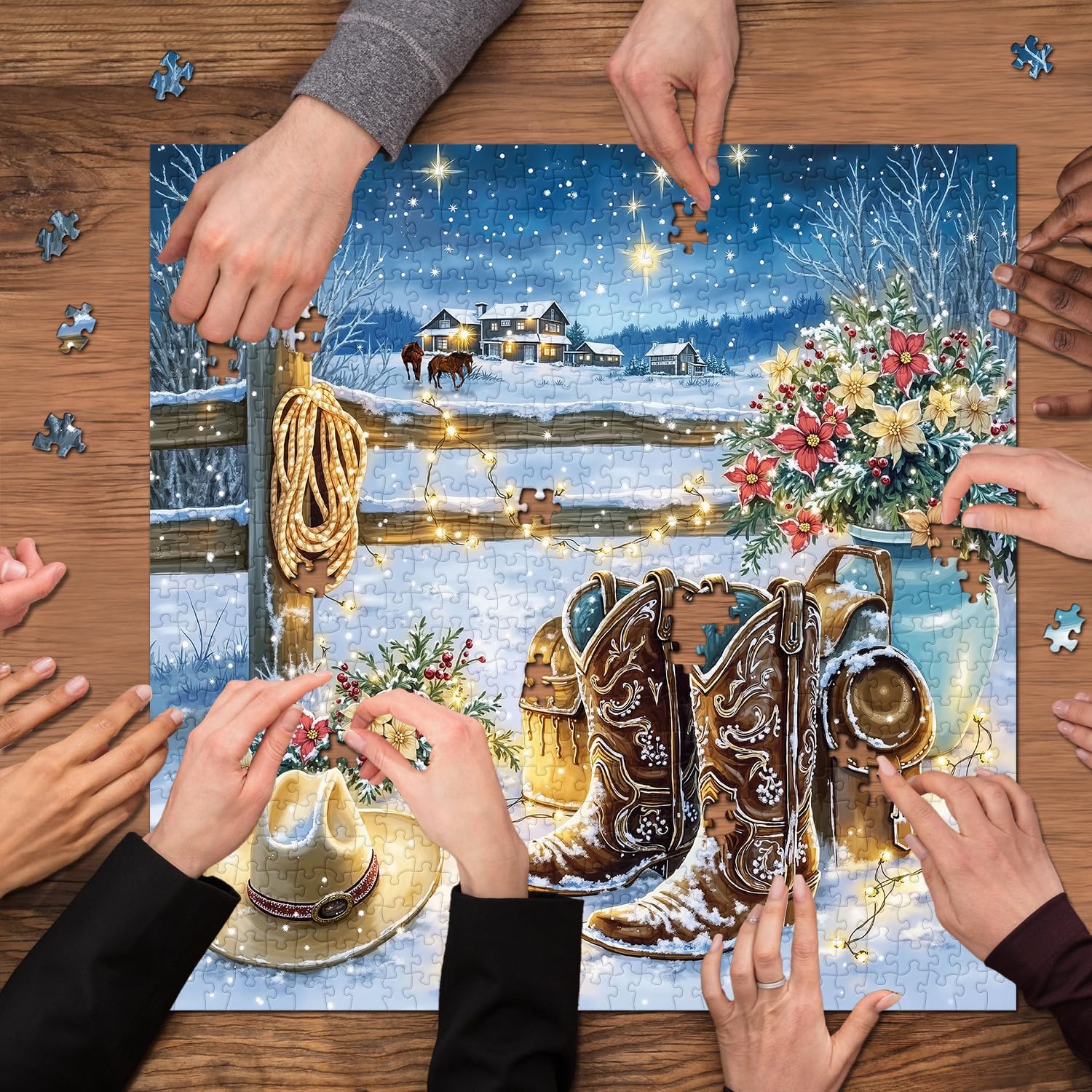 Winter Country Puzzles for Adults 1000 Pieces, Snowy Cowboy Boots Farm Jigsaw Puzzles, Cozy Rustic Landscape Puzzle