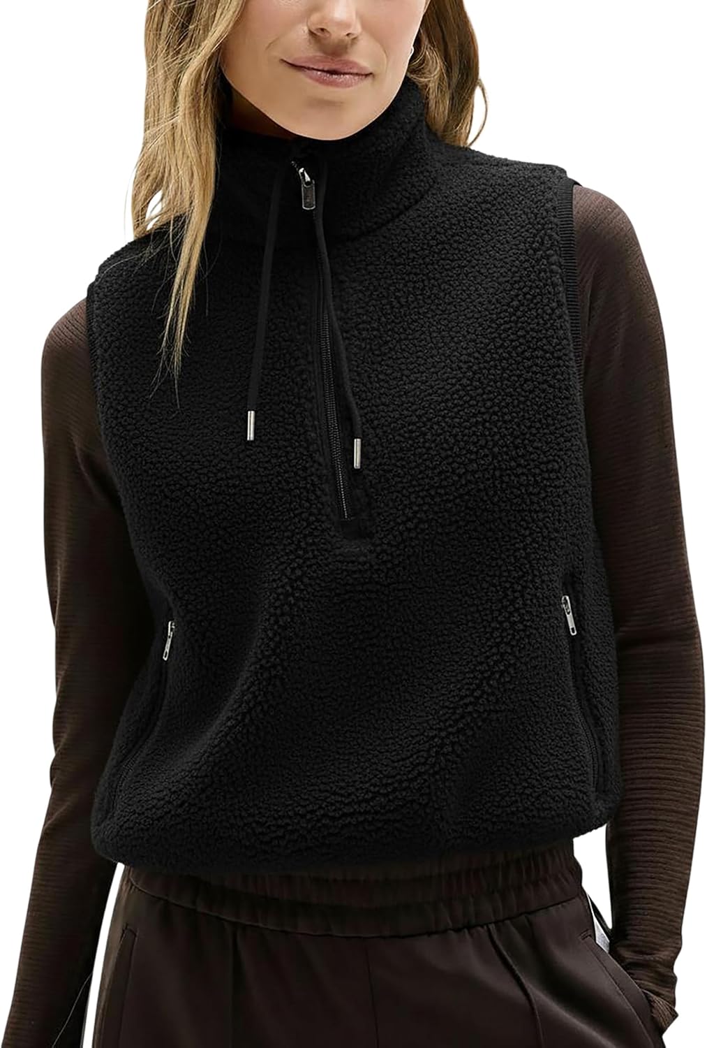 Xaspee Womens Fleece Sherpa Vest Half Zip Pullover Drawstring Sleeveless Cropped Casual Warm Fuzzy Vests with Pockets