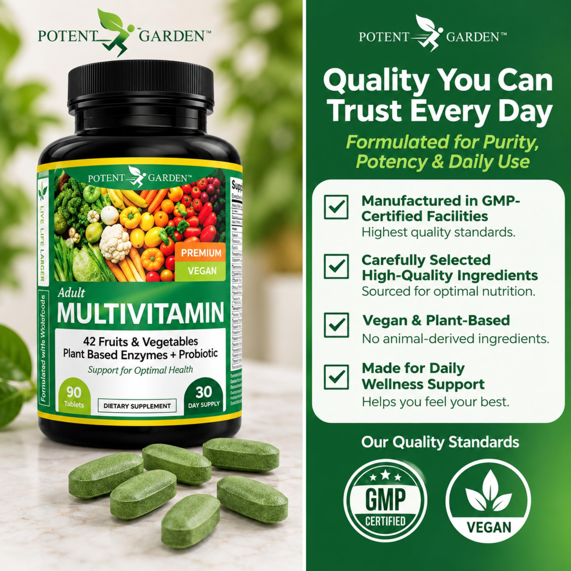 Potent Garden Multivitamin for Men & Women – 42 Fruits & Vegetables, Probiotics & Enzymes, Daily Whole Food Supplement for Energy, Immune Support & Digestion, Non-GMO, 90 Tablets — Amazon image 7