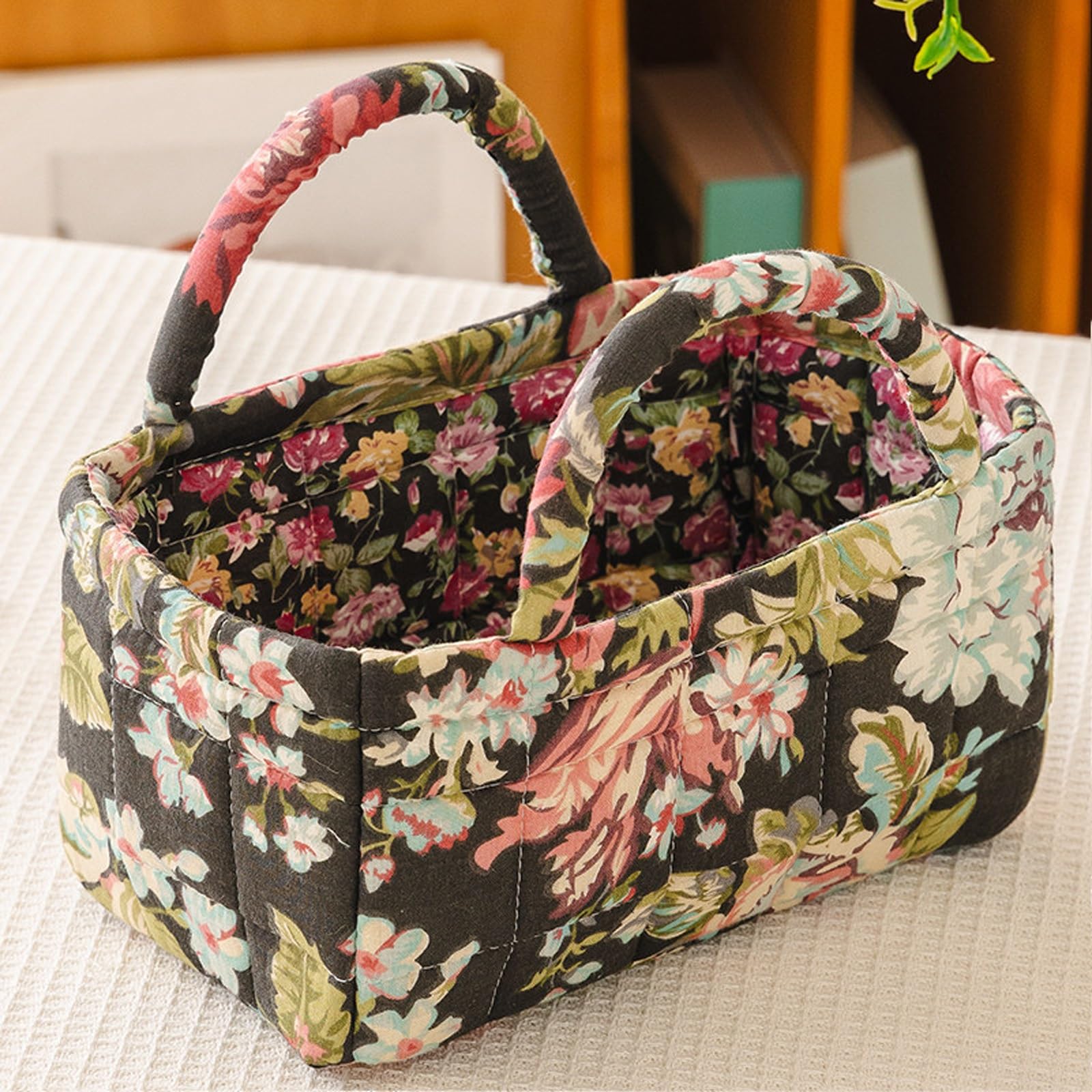 Floral Fabric Storage Basket – Portable Collapsible Laundry Bin with Handles, for Closet, Bedroom – Stores Socks, Keys, Toys(Floral P2-28)