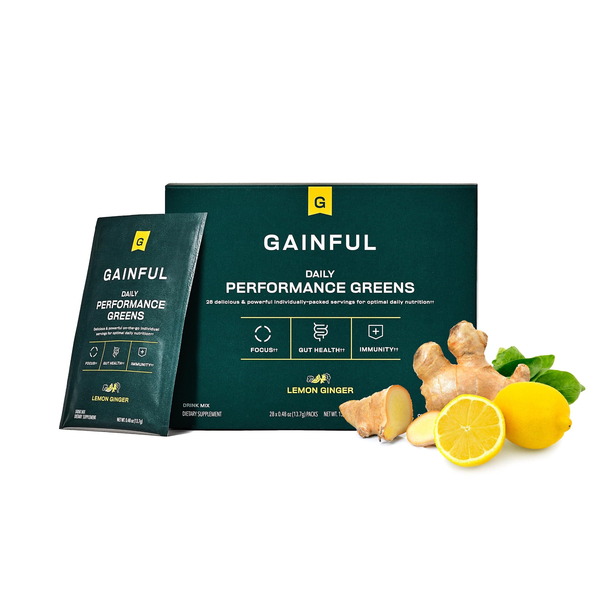 GainfulDaily Performance Greens Powder, Lemon Ginger, Gut Health, Energy, Focus and Immune Support with L Theanine, Organic Greens, Chlorella, Ginger, Green + Adaptogen Drink Mix, 28 Packets