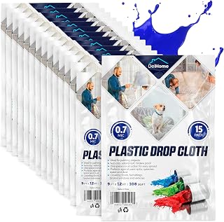 Plastic Paint Drop Cloth 9x12 feet - 15-Pack Painters Plastic Drop Cloth - 0.7mic Thick Plastic Sheeting for Painting - Disposable Painting Tarp - Clear Plastic Drop Cloth, Furniture Cover Set