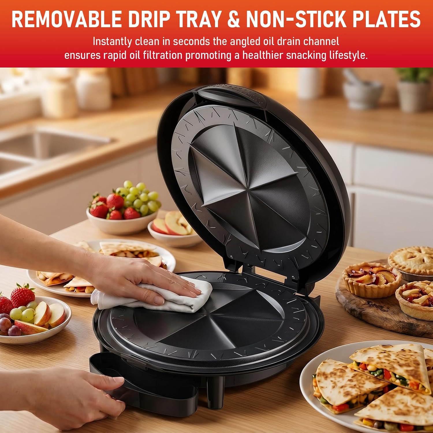 Electric Quesadilla Maker, 11' Quesadilla Press with Extra Stuffing Latch, Easy Slice 6 Wedge, Nonstick Plates, Easy to Clean, Non-Slip Feet, Grilled Cheese Corn Flour Tortilla Snacks, Black