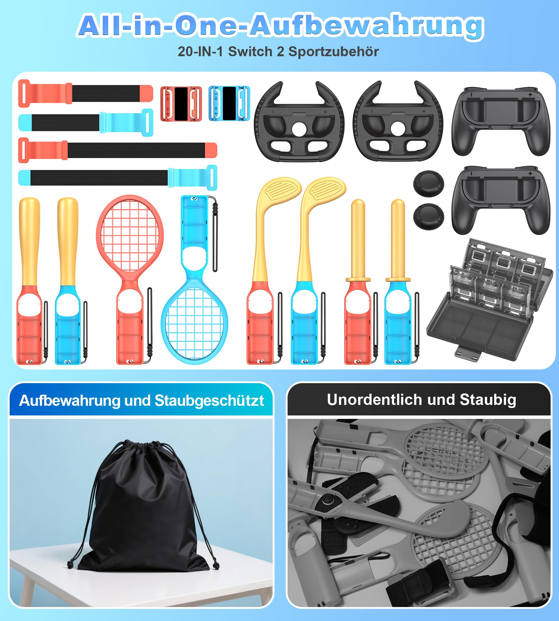 20 in 1 Switch 2 Sport Zubehör Set für Nintendo Switch 2, Familienparty Paket Sportspiele Zubehör, Aufbewahrung für Switch 2 Sport Spiel Organizer,20 Stück(nur fur Switch 2)