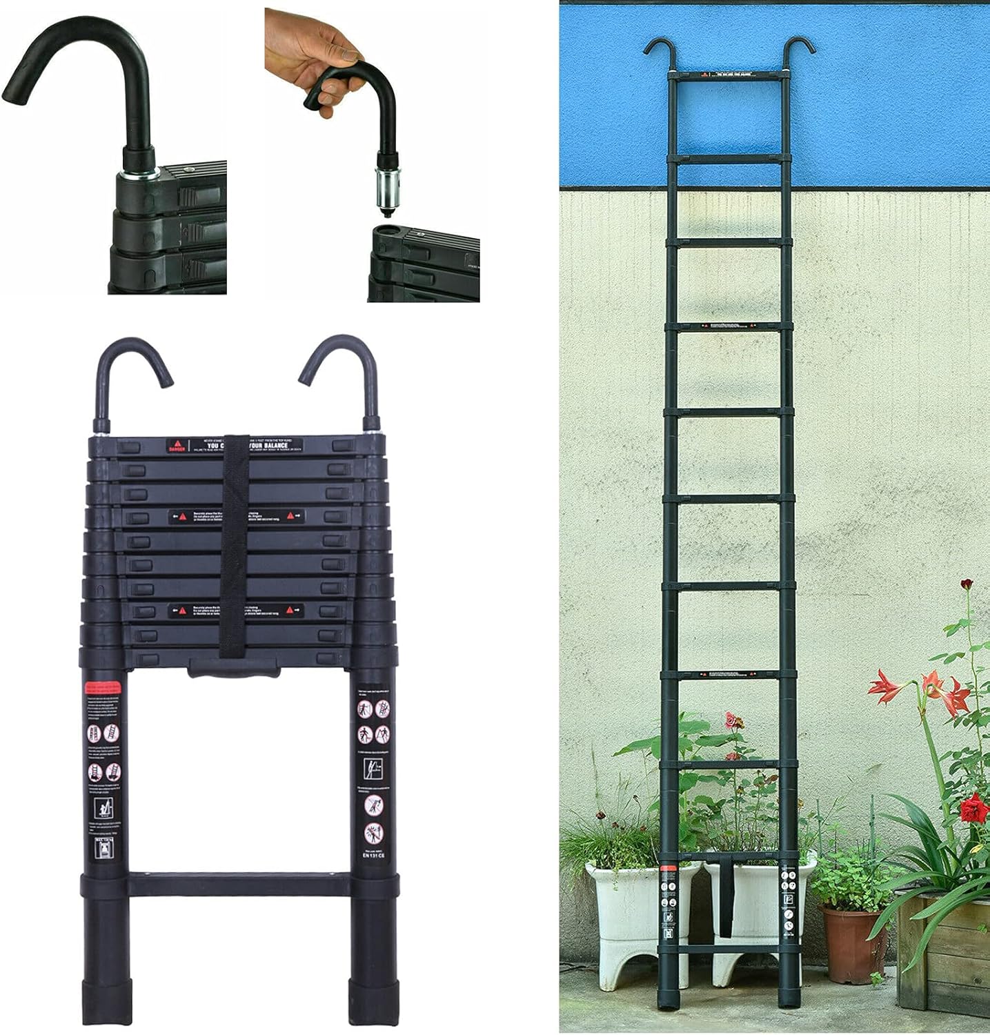 Telescoping Extension Ladder, Telescoping Ladder 10.5 Ft/ 3.2M Straight Ladder Aluminium Extionsion Ladder with Hooks, 11 Step Ladder Portable Ladder Lightweigh，12.5FT
