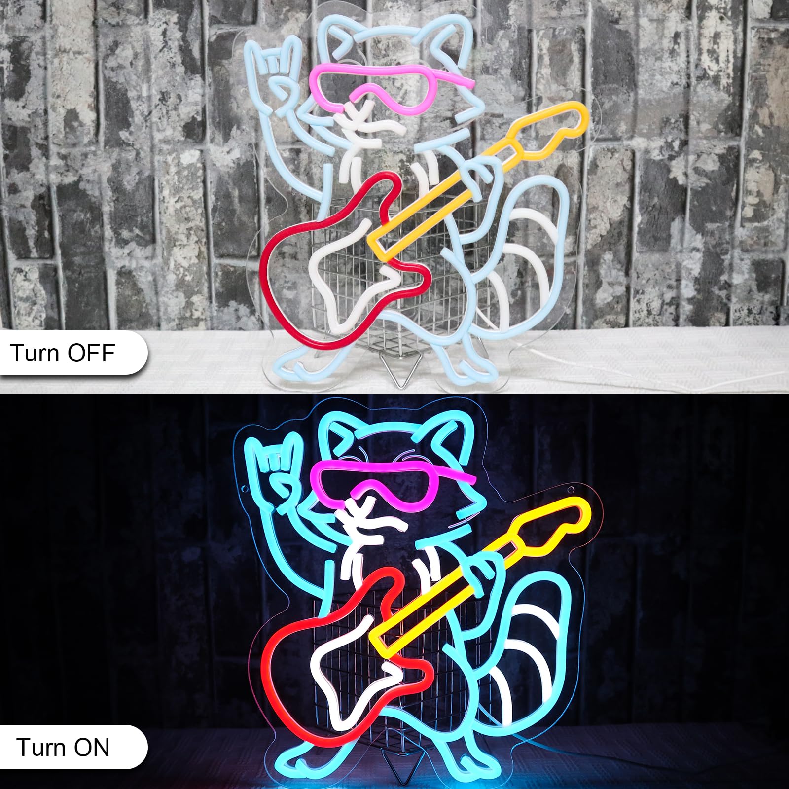 Waschbär Gitarre Neon Schild Rock Musik Led Neonschild Wand Lustig Neon Sign USB Led Schild für Spielzone Bar Live Musik Studio Büro Garage Schlafzimmer Zimmer Party Laden Geschenk