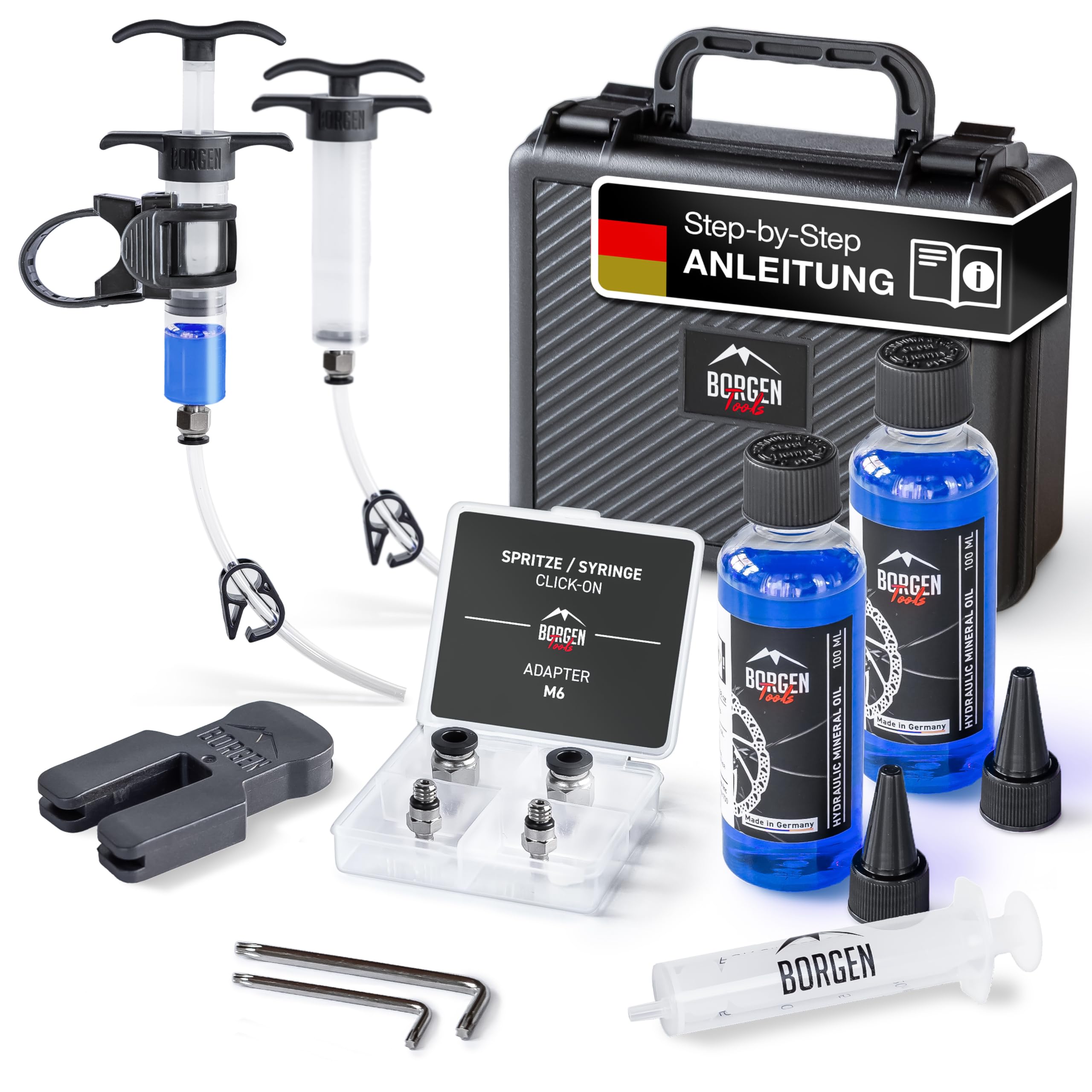 Borgen Kit Spurgo Freni PRO per Freni a Disco Magura per Bicicletta - Kit spurgo Freni magura con Istruzioni, incl. 2x100 ml Olio Minerale magura, per Magura MT7, MT5 e Altri Modelli